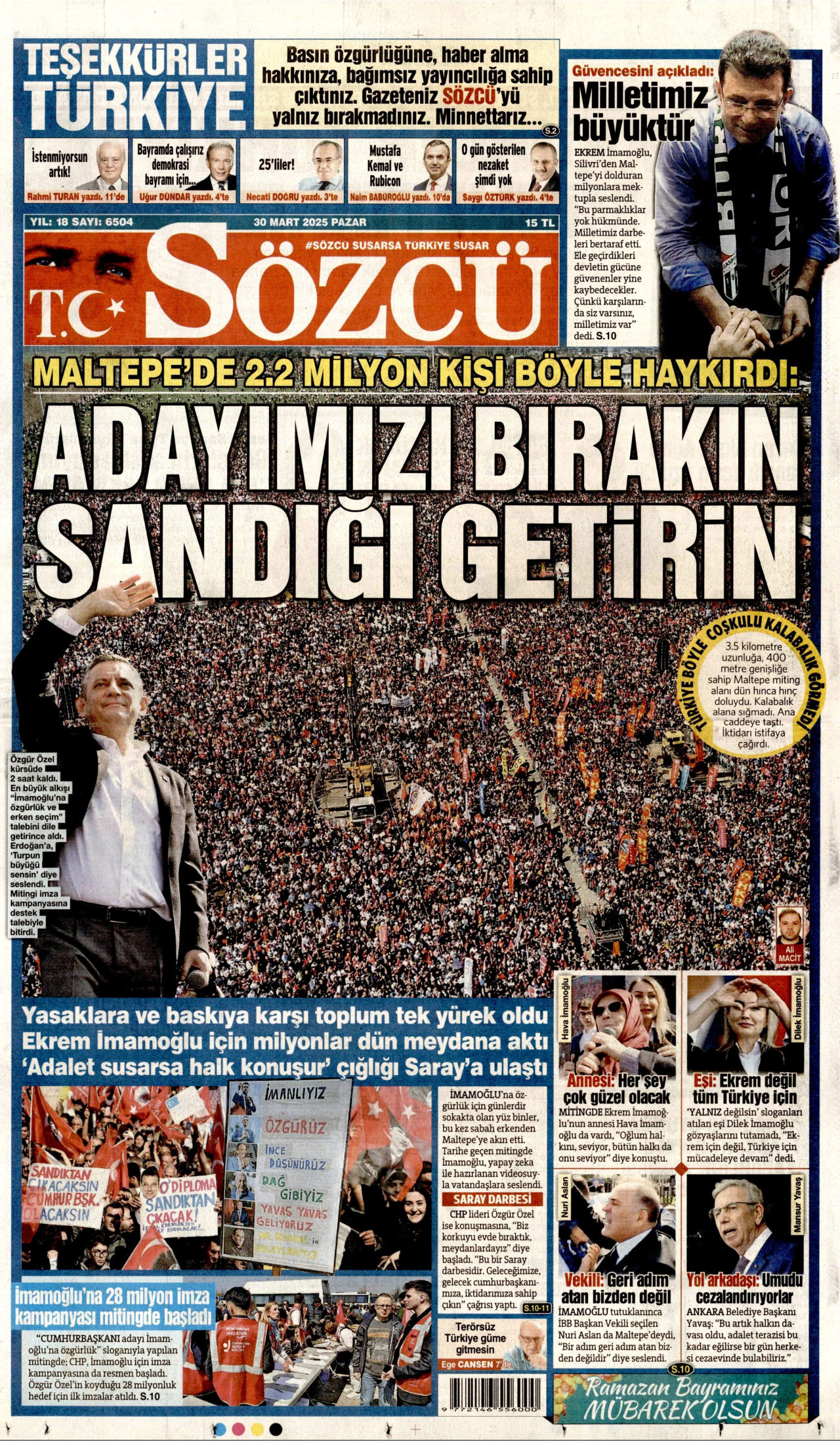 SÖZCÜ gazetesinin 30 Mart 2025 tarihli birinci sayfası
