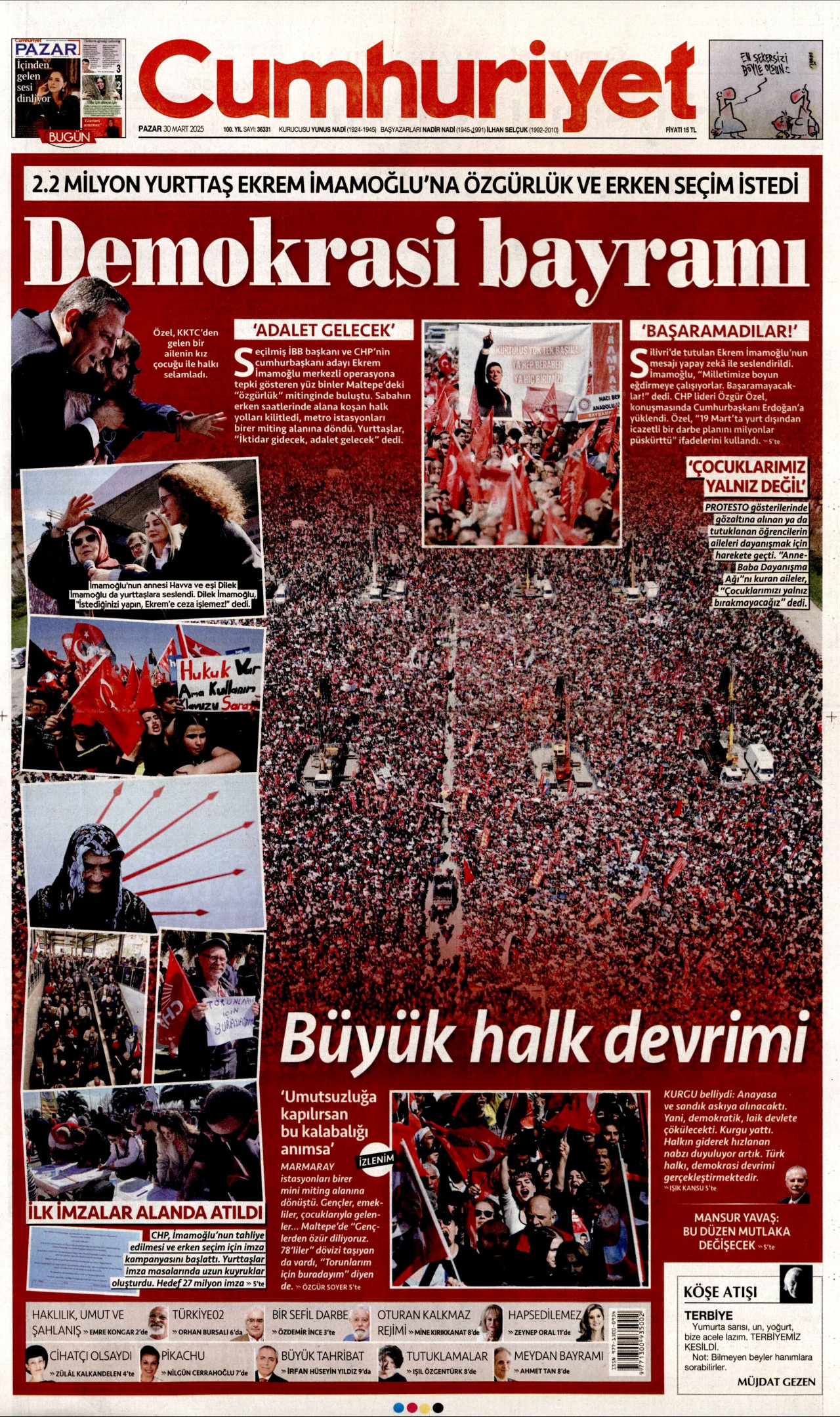 CUMHURİYET gazetesinin 30 Mart 2025 tarihli birinci sayfası