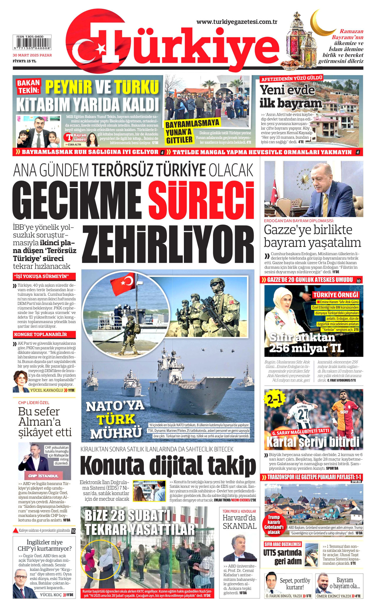 TÜRKİYE GAZETESİ gazetesinin 30 Mart 2025 tarihli birinci sayfası