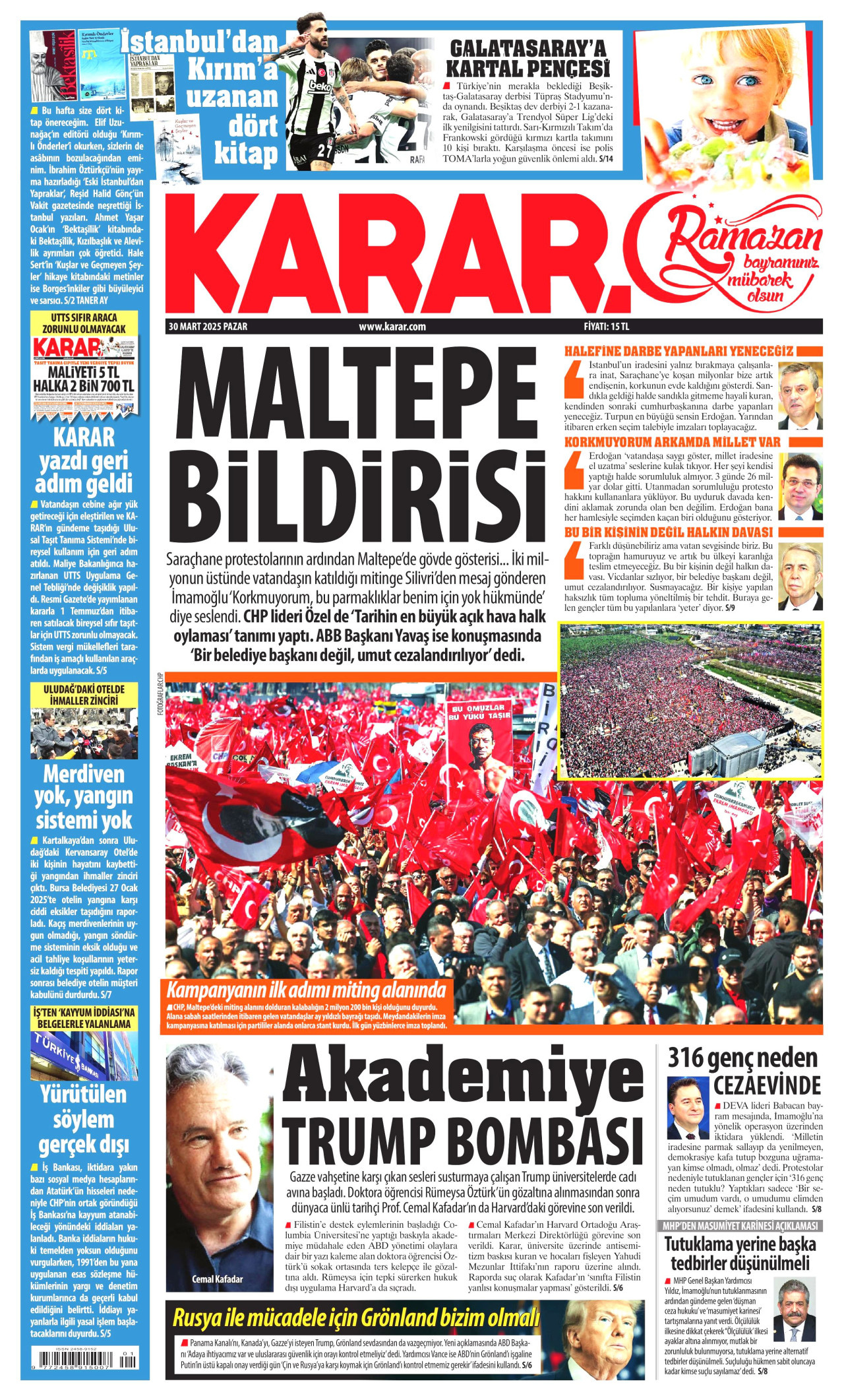 KARAR gazetesinin 30 Mart 2025 tarihli birinci sayfası