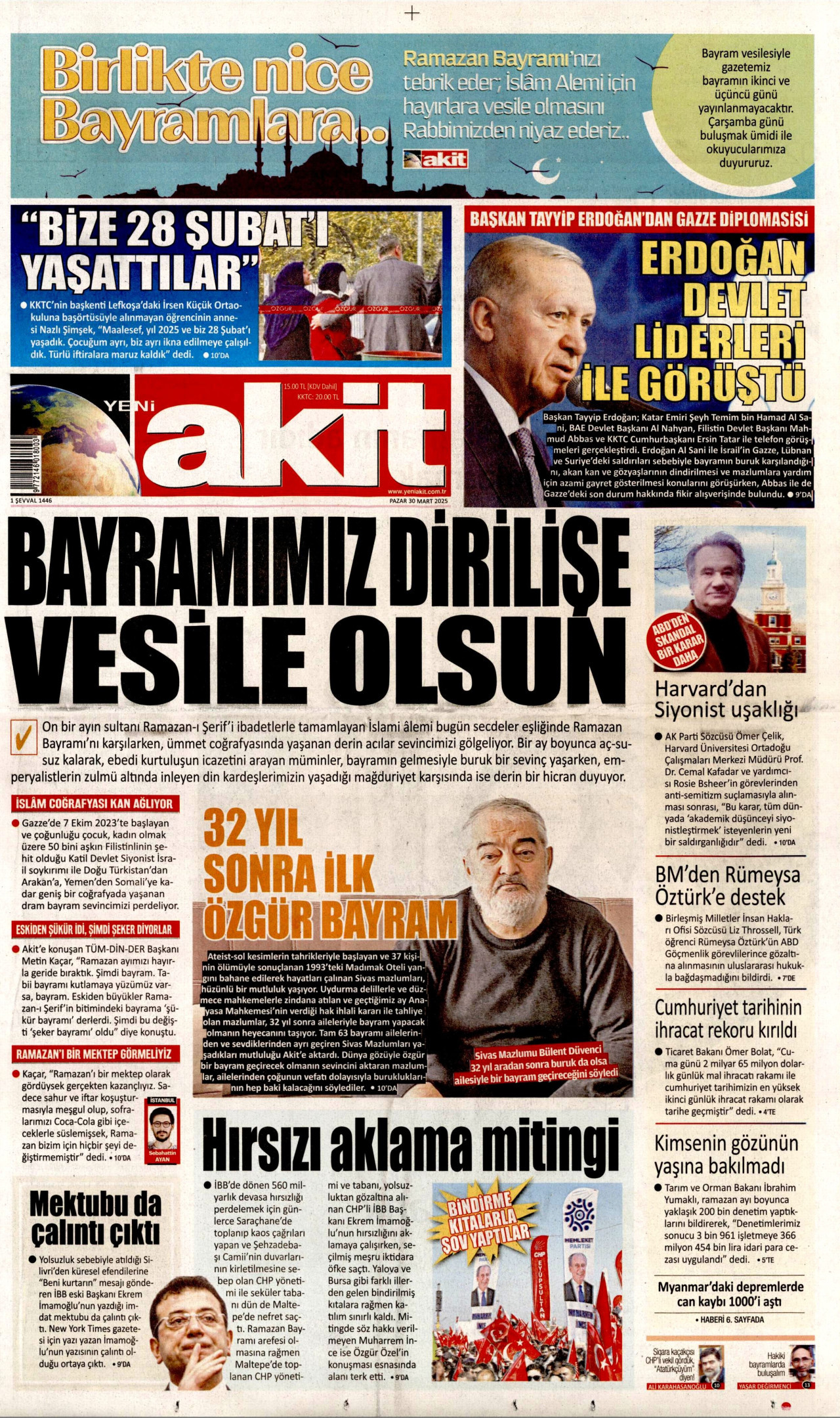 YENİ AKİT gazetesinin 30 Mart 2025 tarihli birinci sayfası