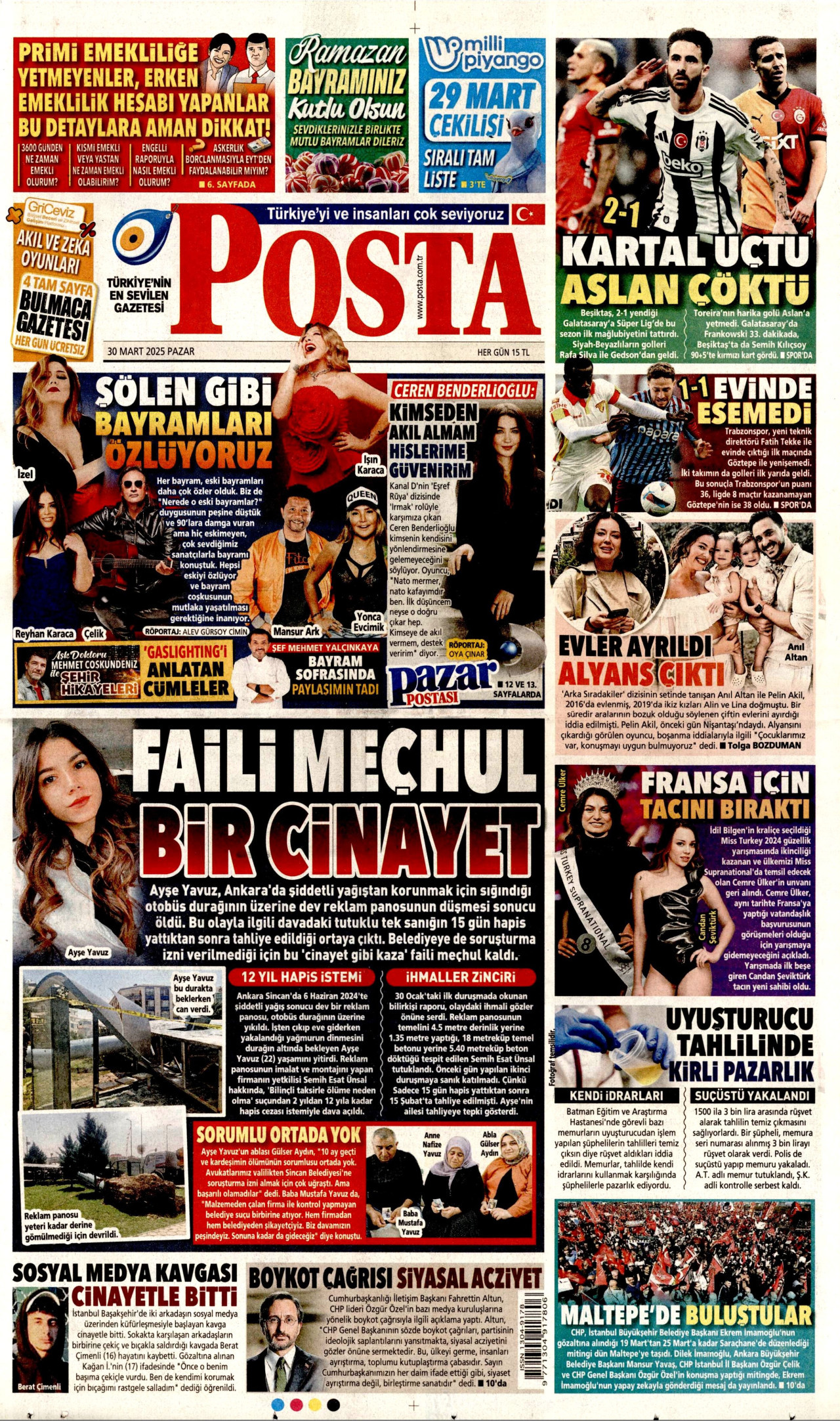 POSTA gazetesinin 30 Mart 2025 tarihli birinci sayfası