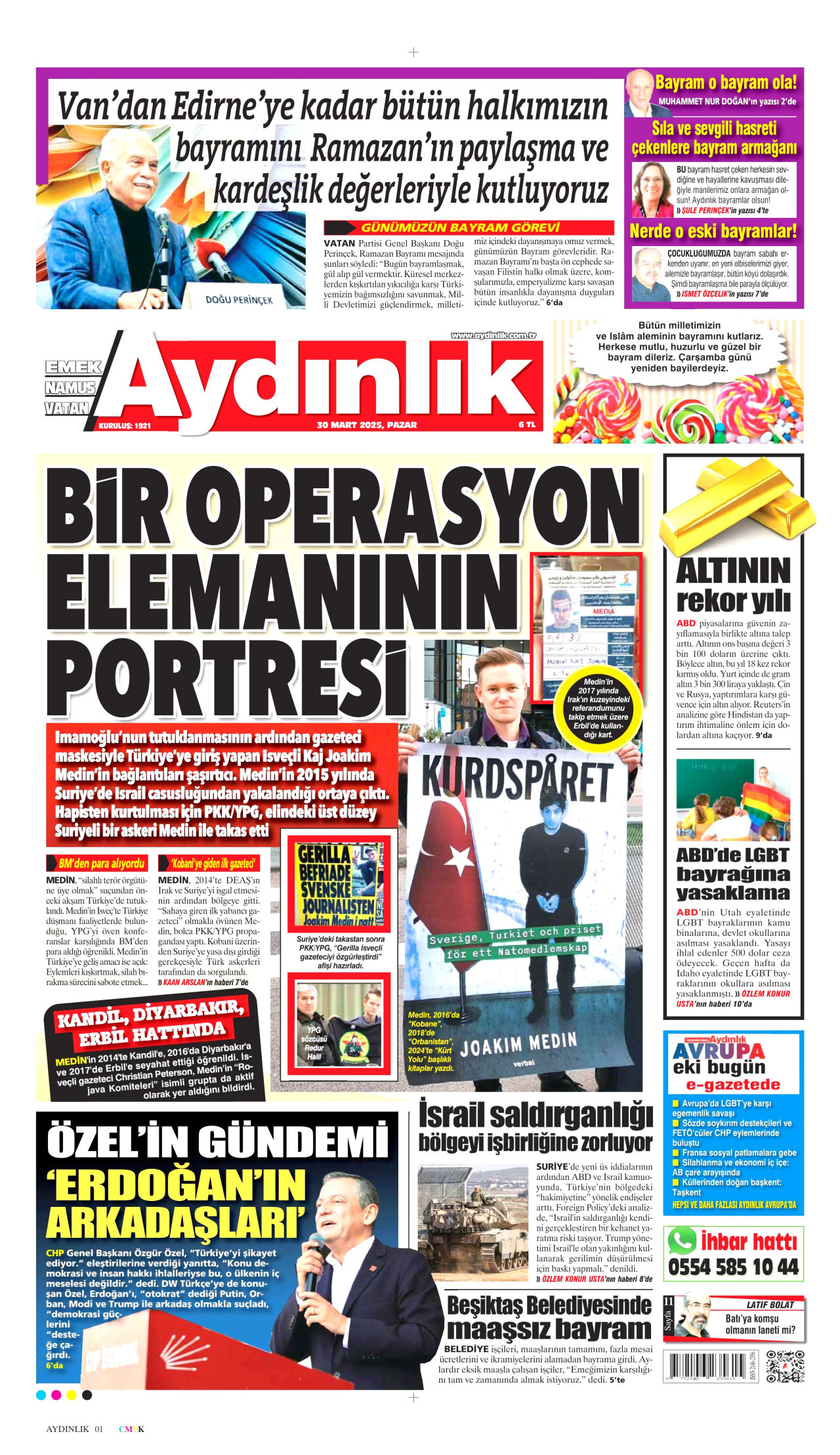 AYDINLIK GAZETESİ gazetesinin 30 Mart 2025 tarihli birinci sayfası