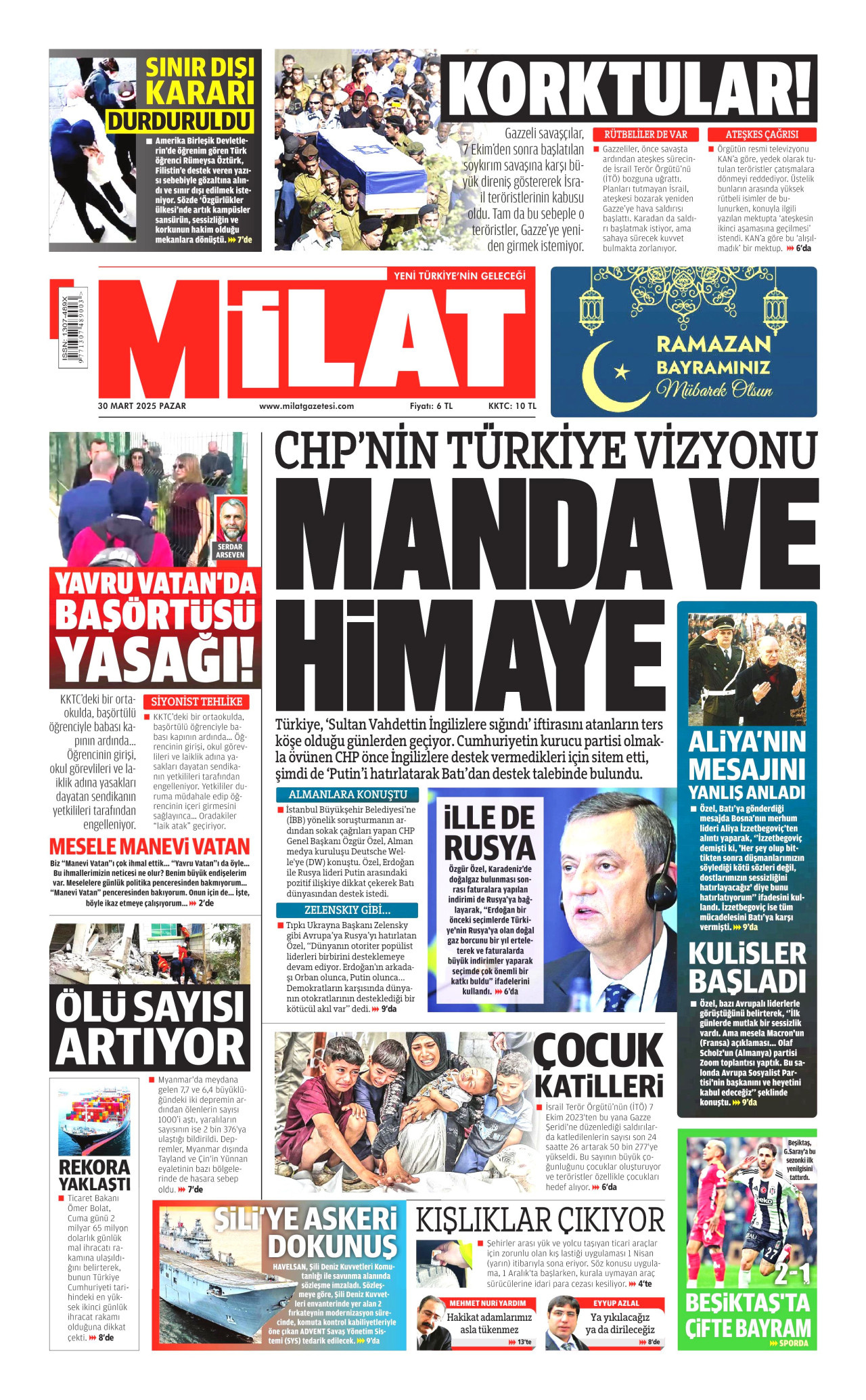 MİLAT gazetesinin 30 Mart 2025 tarihli birinci sayfası