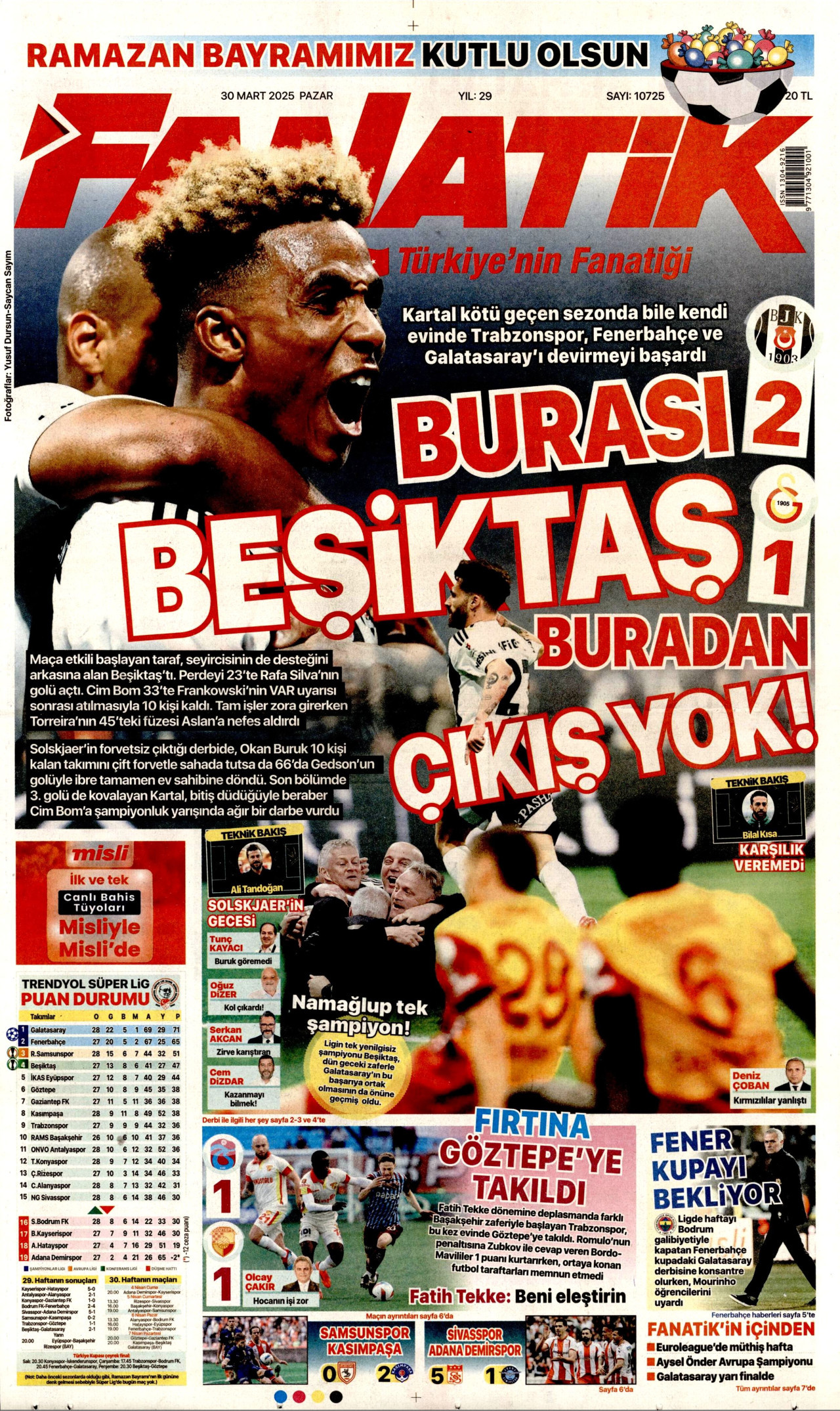 FANATİK gazetesinin 30 Mart 2025 tarihli birinci sayfası