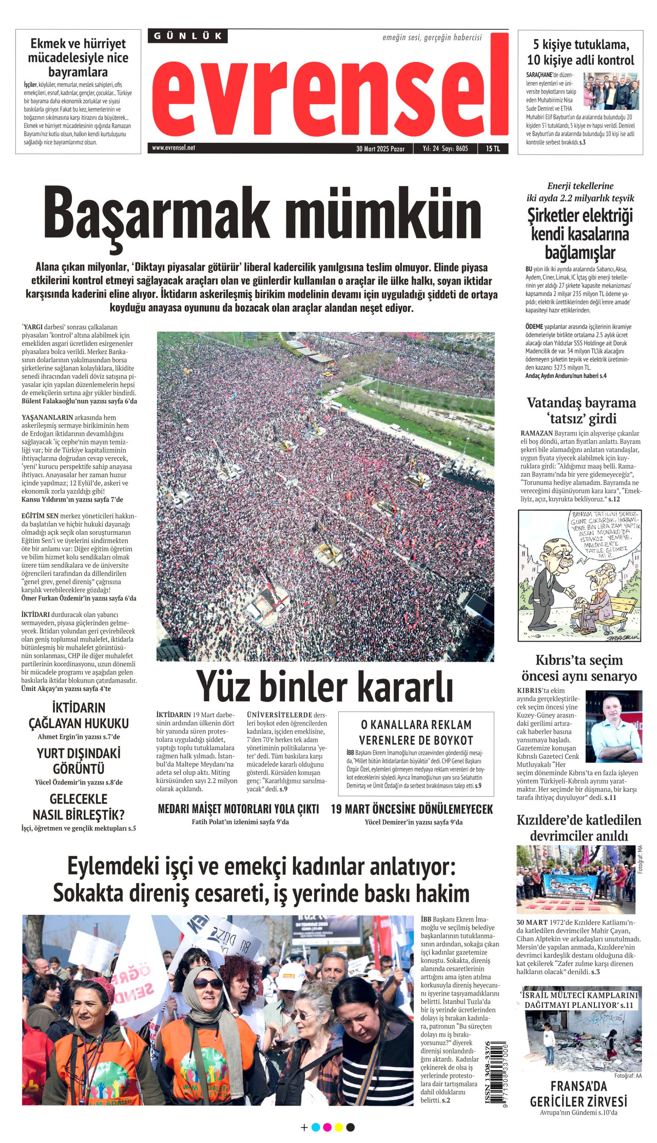 EVRENSEL gazetesinin 30 Mart 2025 tarihli birinci sayfası