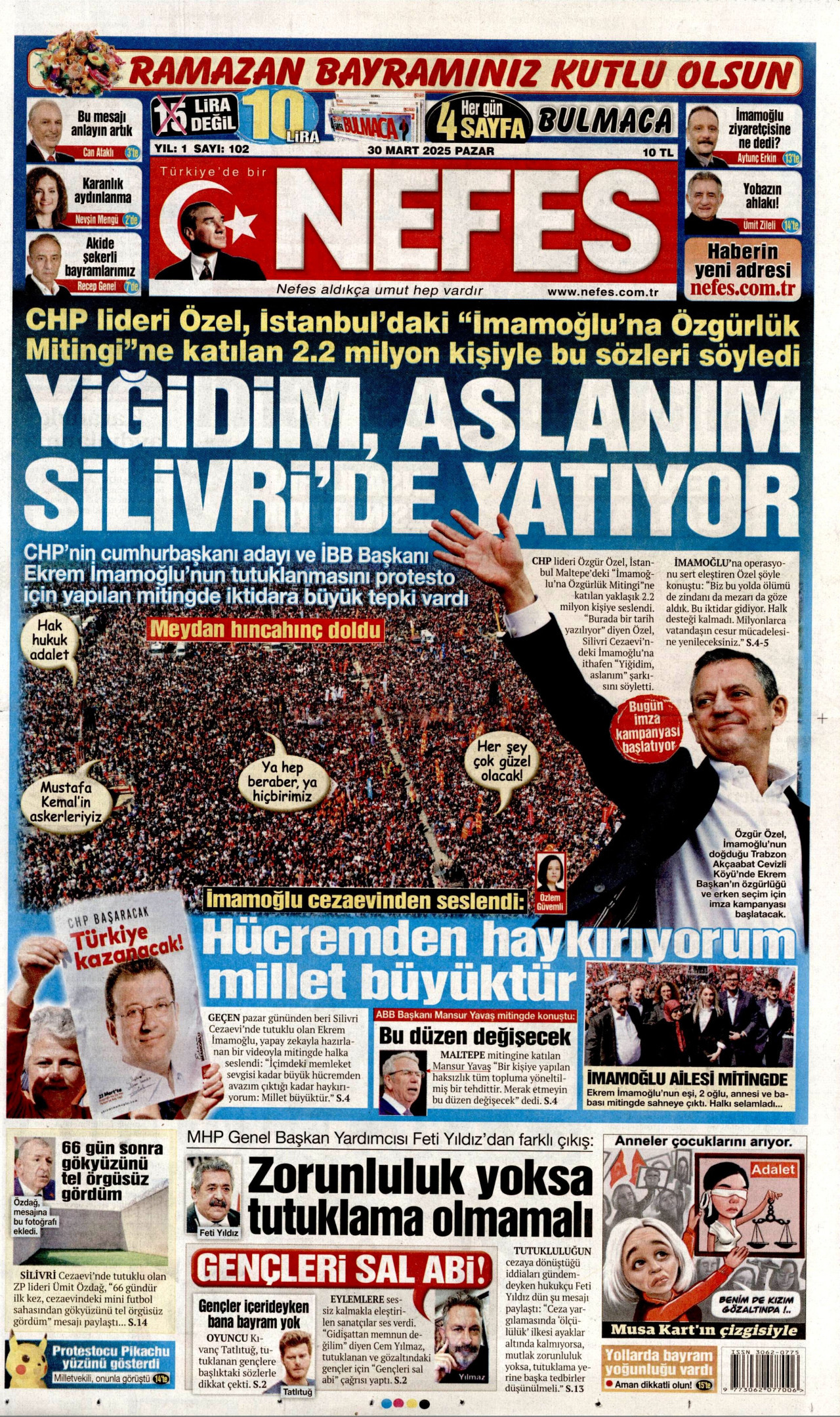 NEFES gazetesinin 30 Mart 2025 tarihli birinci sayfası