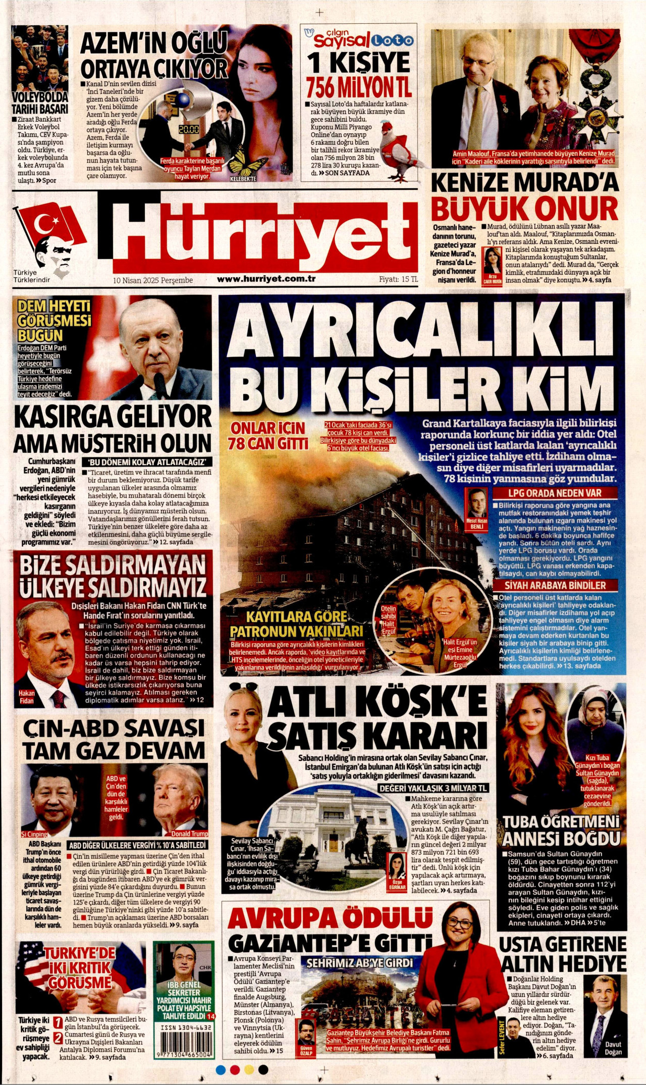 HÜRRİYET gazetesinin 10 Nisan 2025 tarihli birinci sayfası