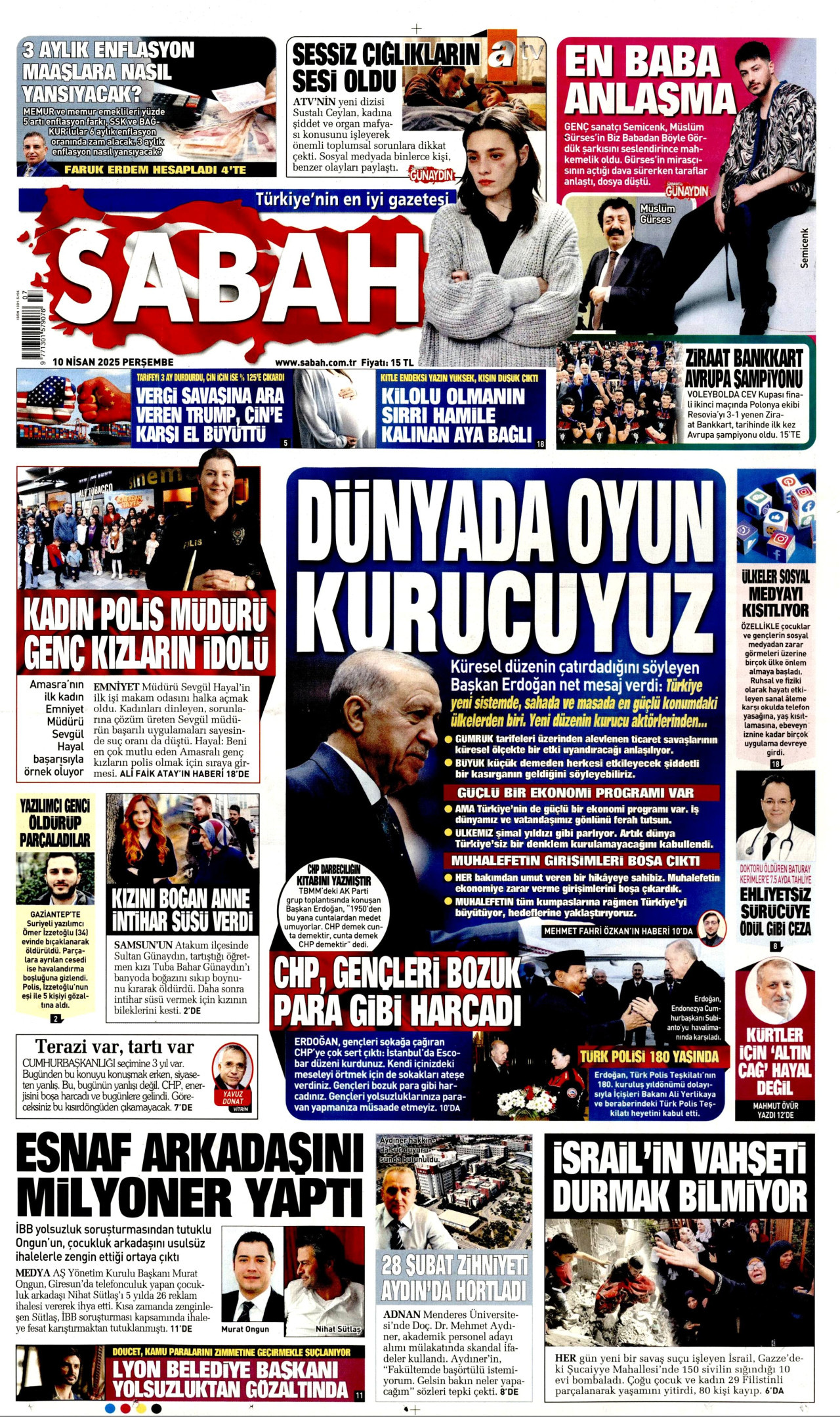 SABAH gazetesinin 10 Nisan 2025 tarihli birinci sayfası