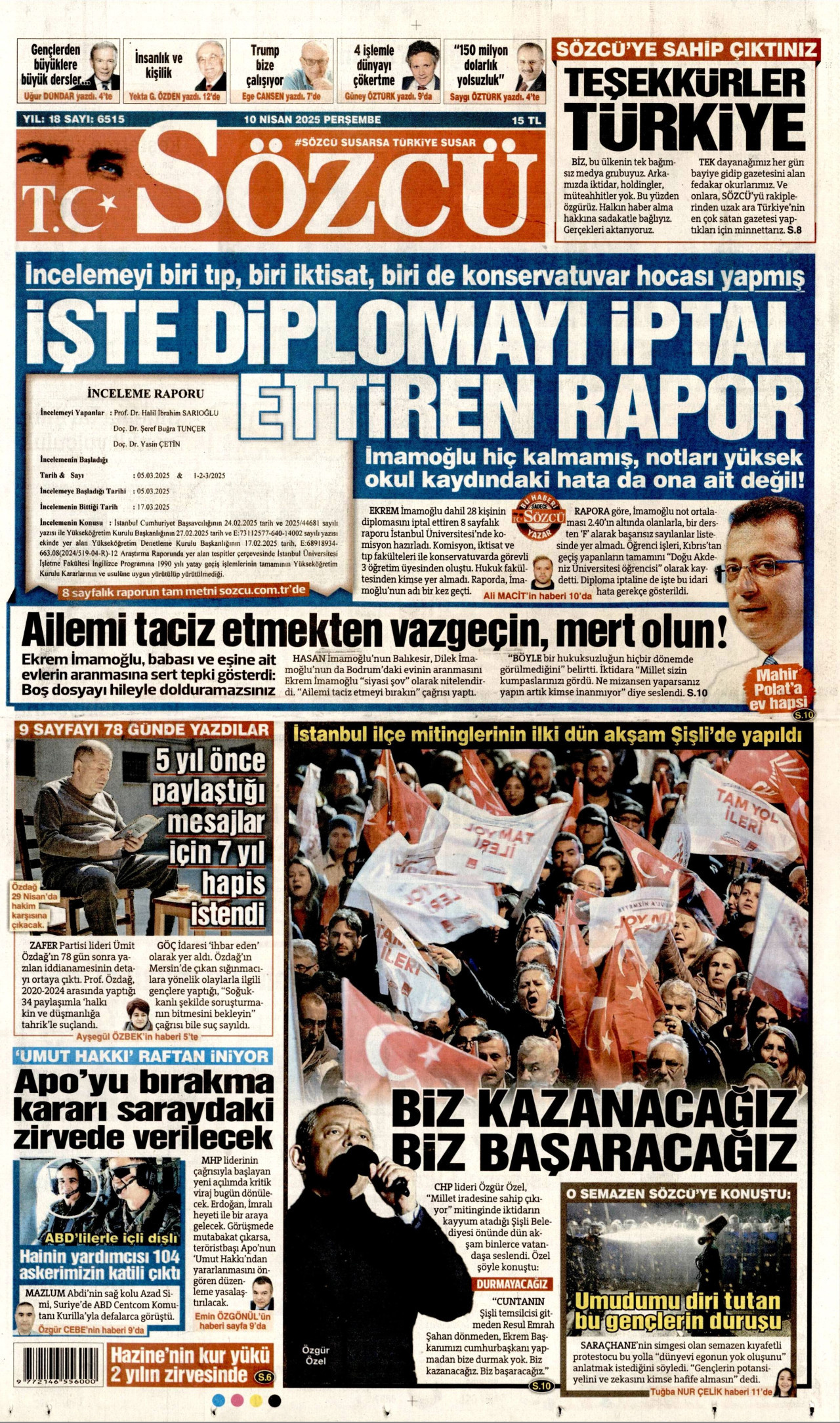 SÖZCÜ gazetesinin 10 Nisan 2025 tarihli birinci sayfası