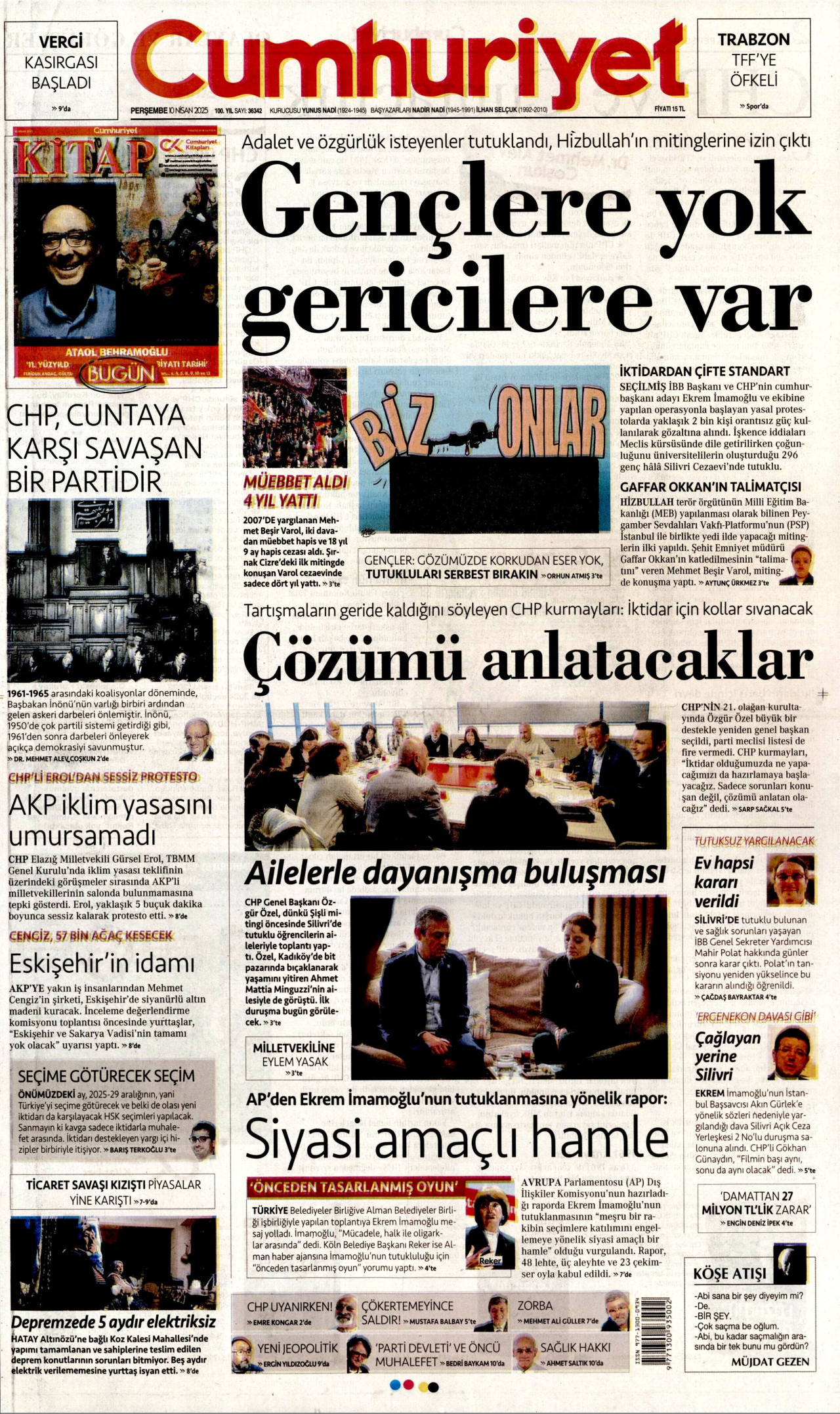 CUMHURİYET gazetesinin 10 Nisan 2025 tarihli birinci sayfası