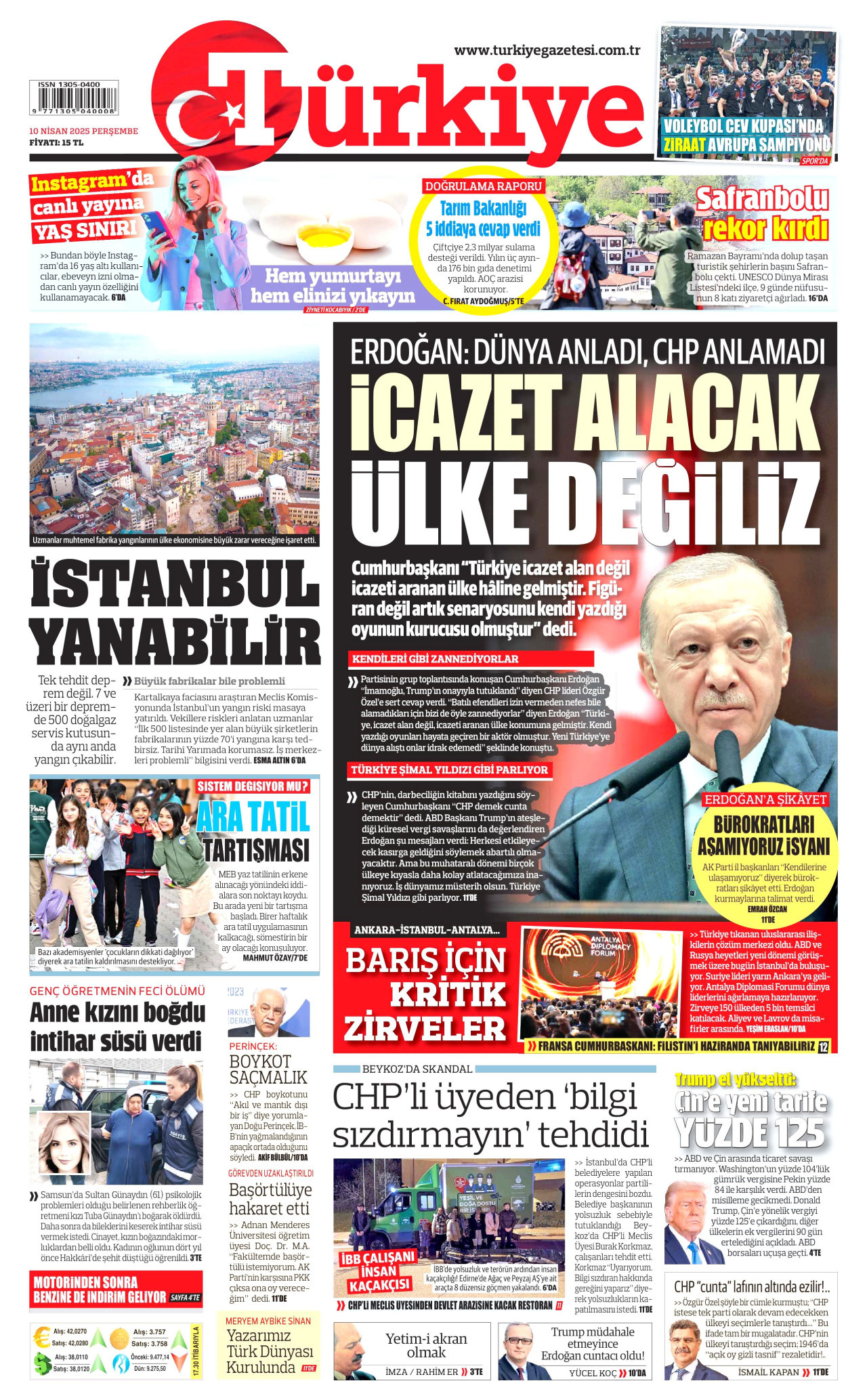 TÜRKİYE GAZETESİ gazetesinin 10 Nisan 2025 tarihli birinci sayfası