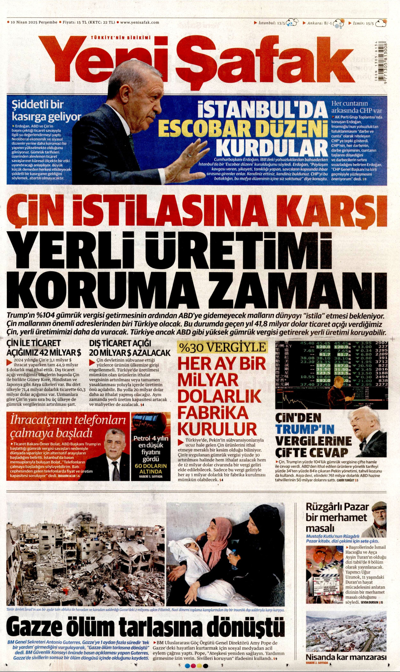 YENİ ŞAFAK gazetesinin 10 Nisan 2025 tarihli birinci sayfası