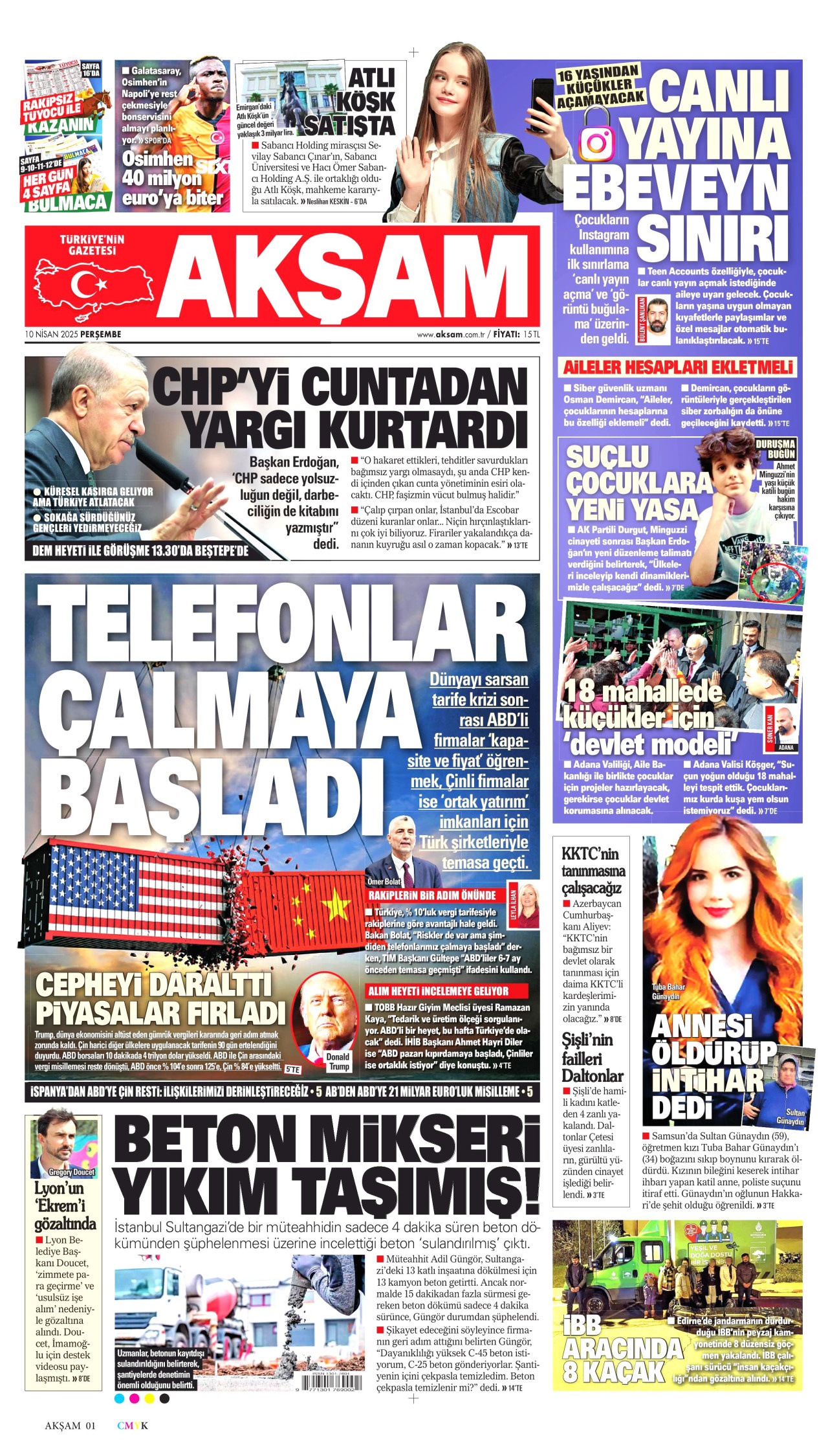 AKŞAM gazetesinin 10 Nisan 2025 tarihli birinci sayfası