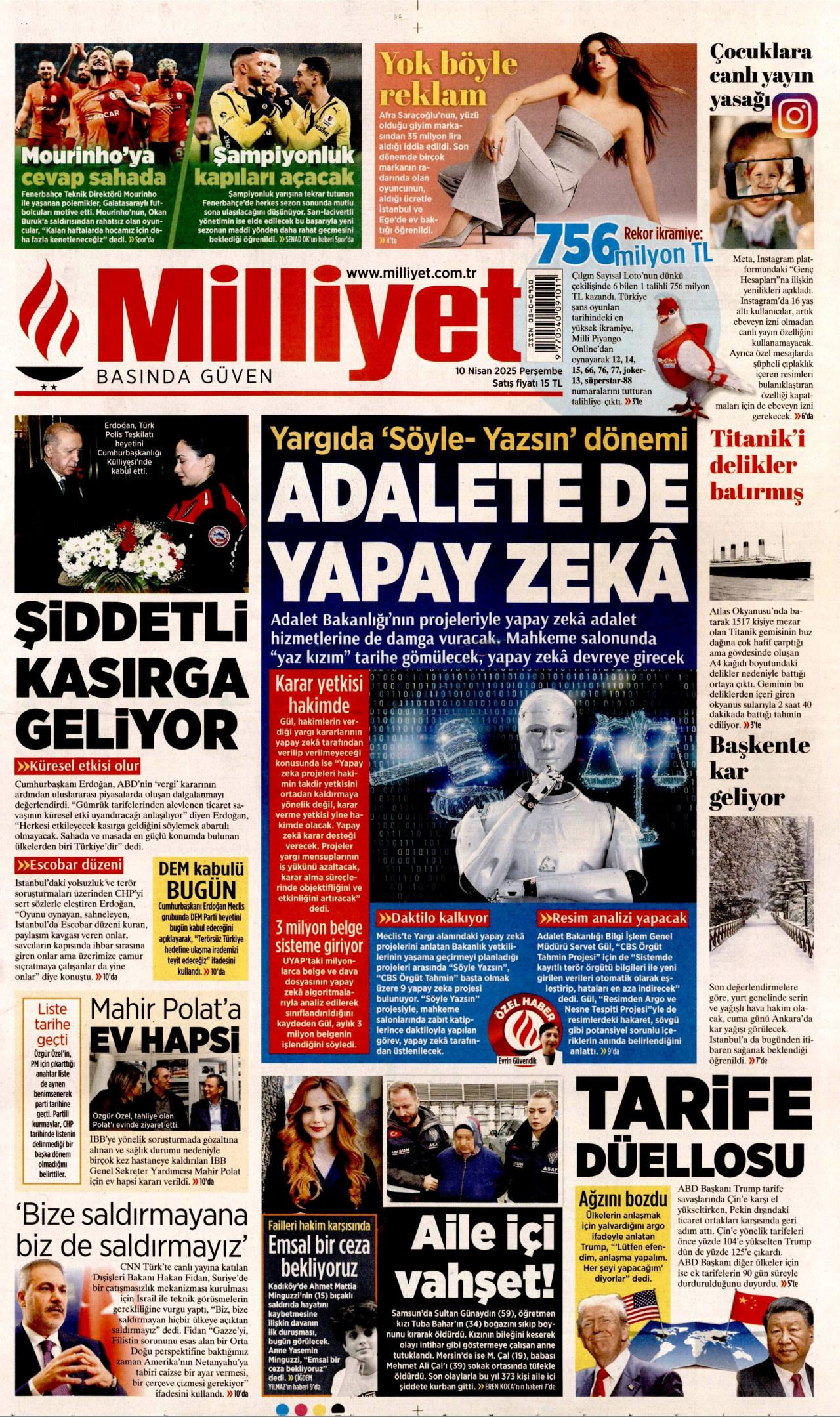 MİLLİYET gazetesinin 10 Nisan 2025 tarihli birinci sayfası