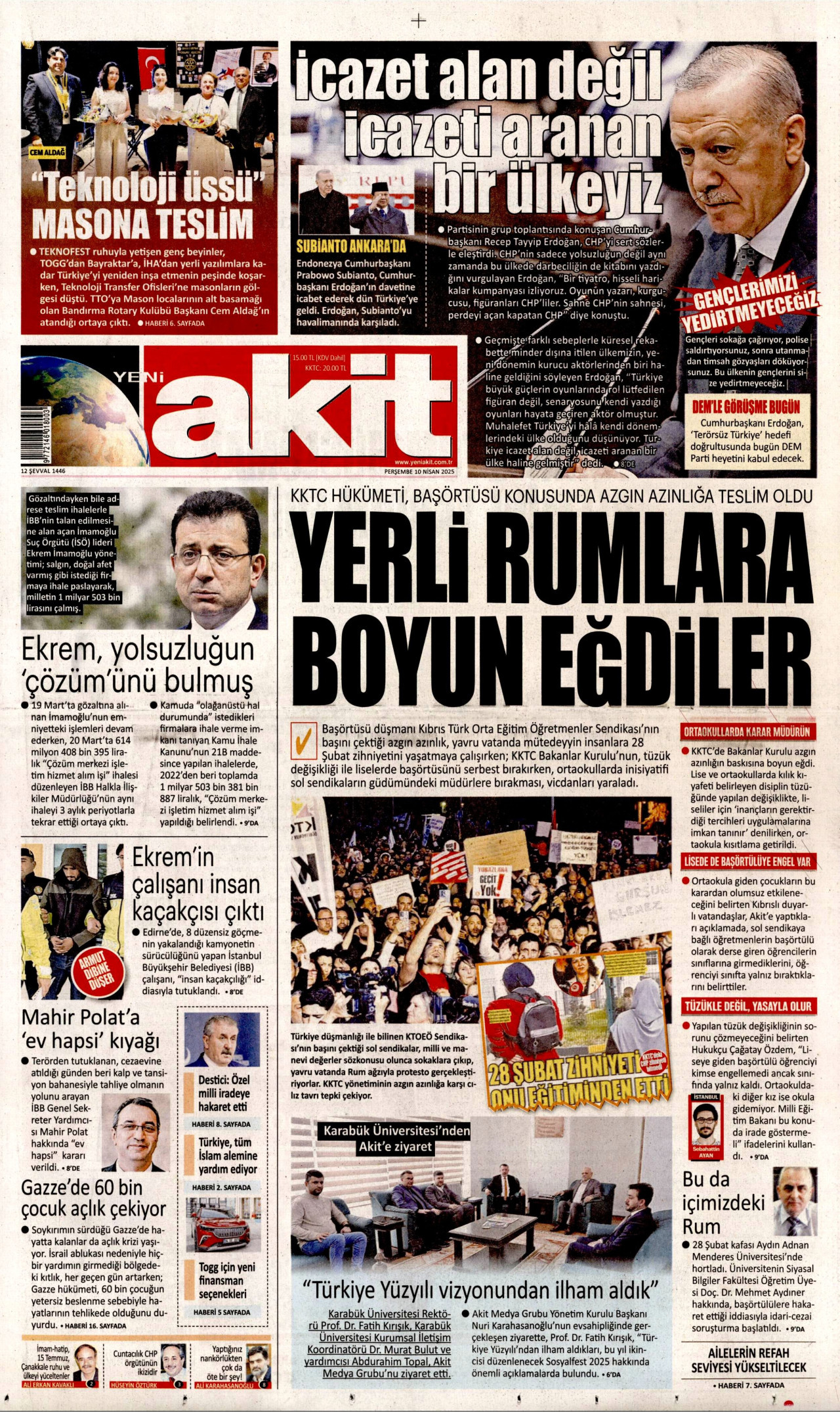 YENİ AKİT gazetesinin 10 Nisan 2025 tarihli birinci sayfası