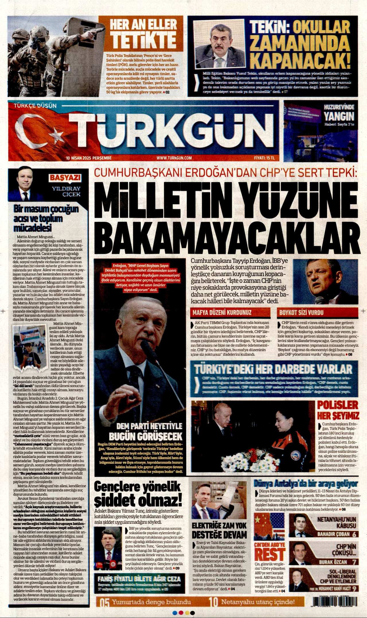 TÜRKGÜN gazetesinin 10 Nisan 2025 tarihli birinci sayfası