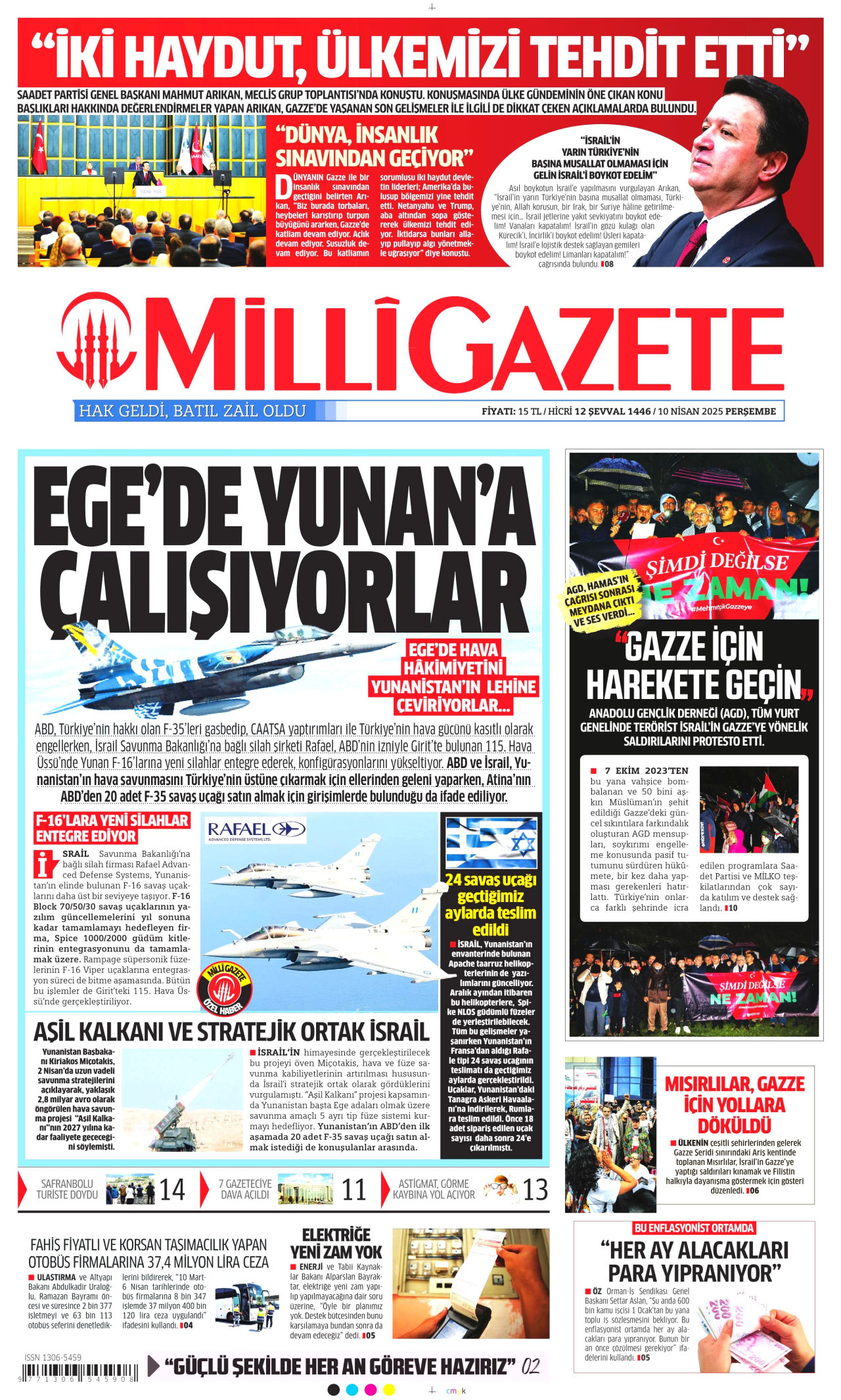 MİLLİ GAZETE gazetesinin 10 Nisan 2025 tarihli birinci sayfası