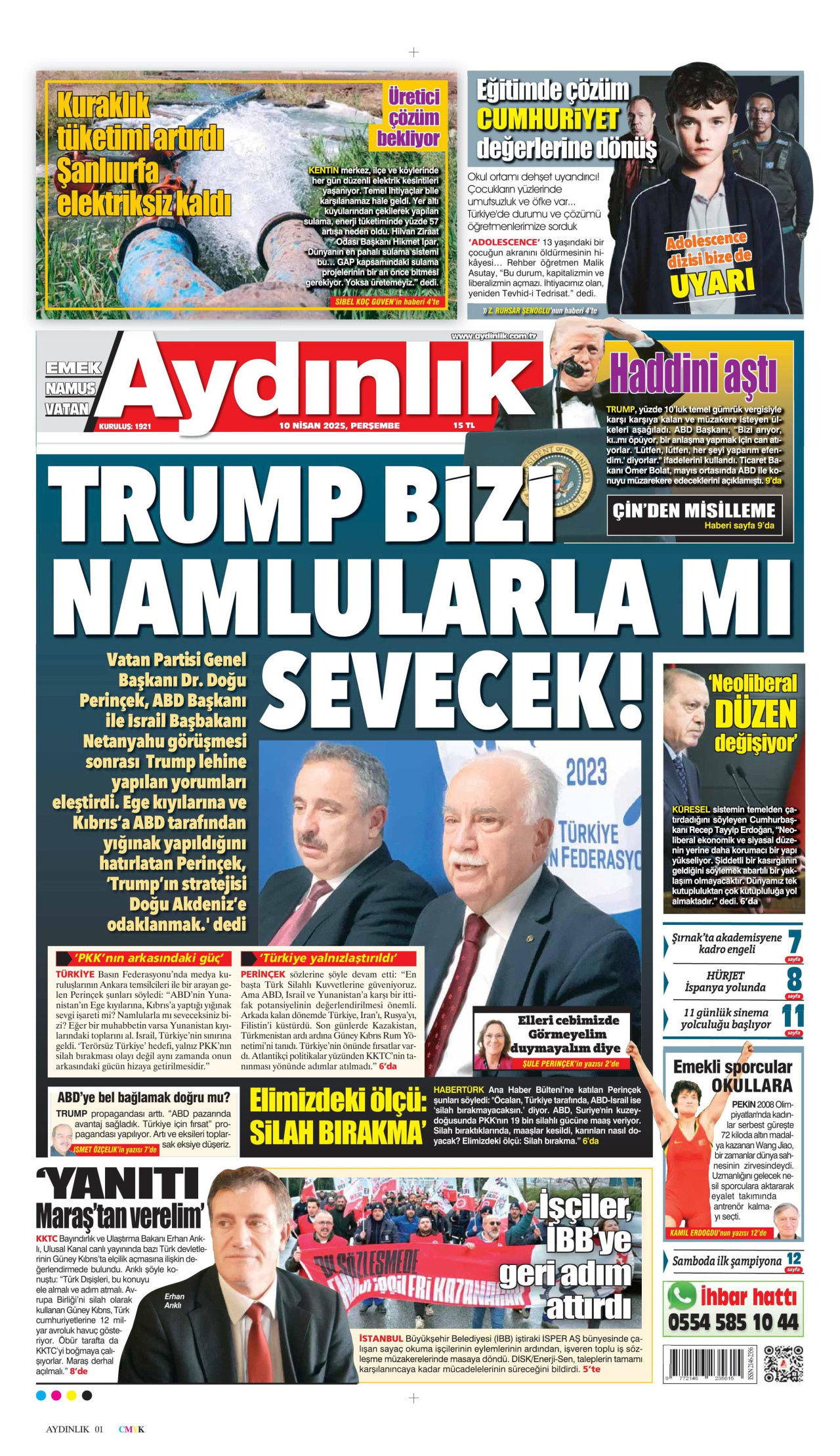 AYDINLIK GAZETESİ gazetesinin 10 Nisan 2025 tarihli birinci sayfası