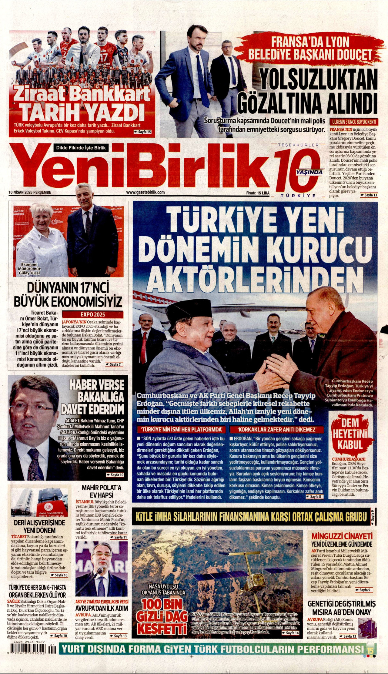 YENİBİRLİK gazetesinin 10 Nisan 2025 tarihli birinci sayfası