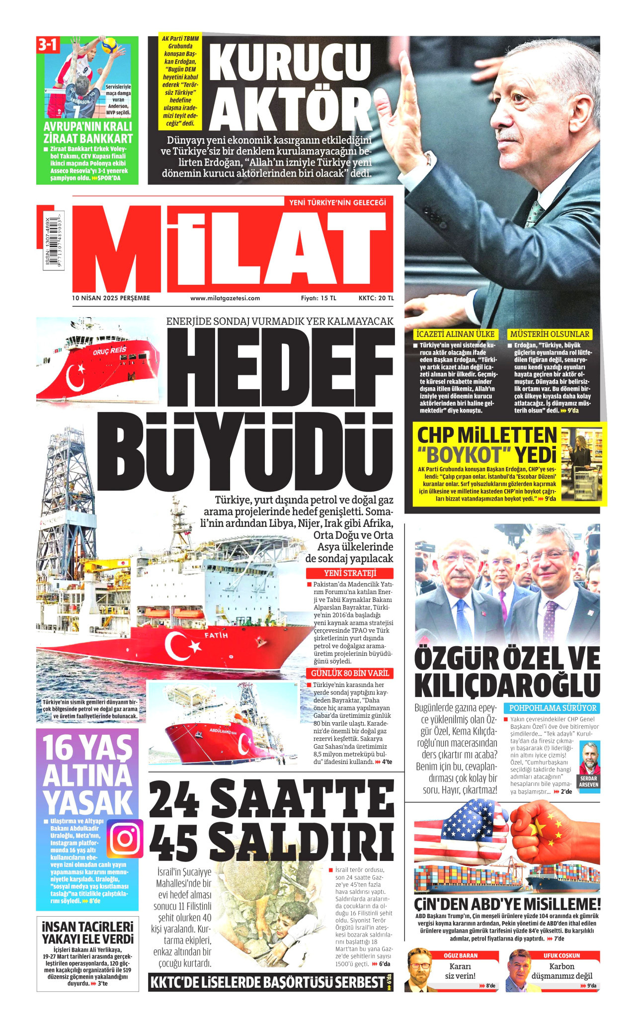 MİLAT gazetesinin 10 Nisan 2025 tarihli birinci sayfası