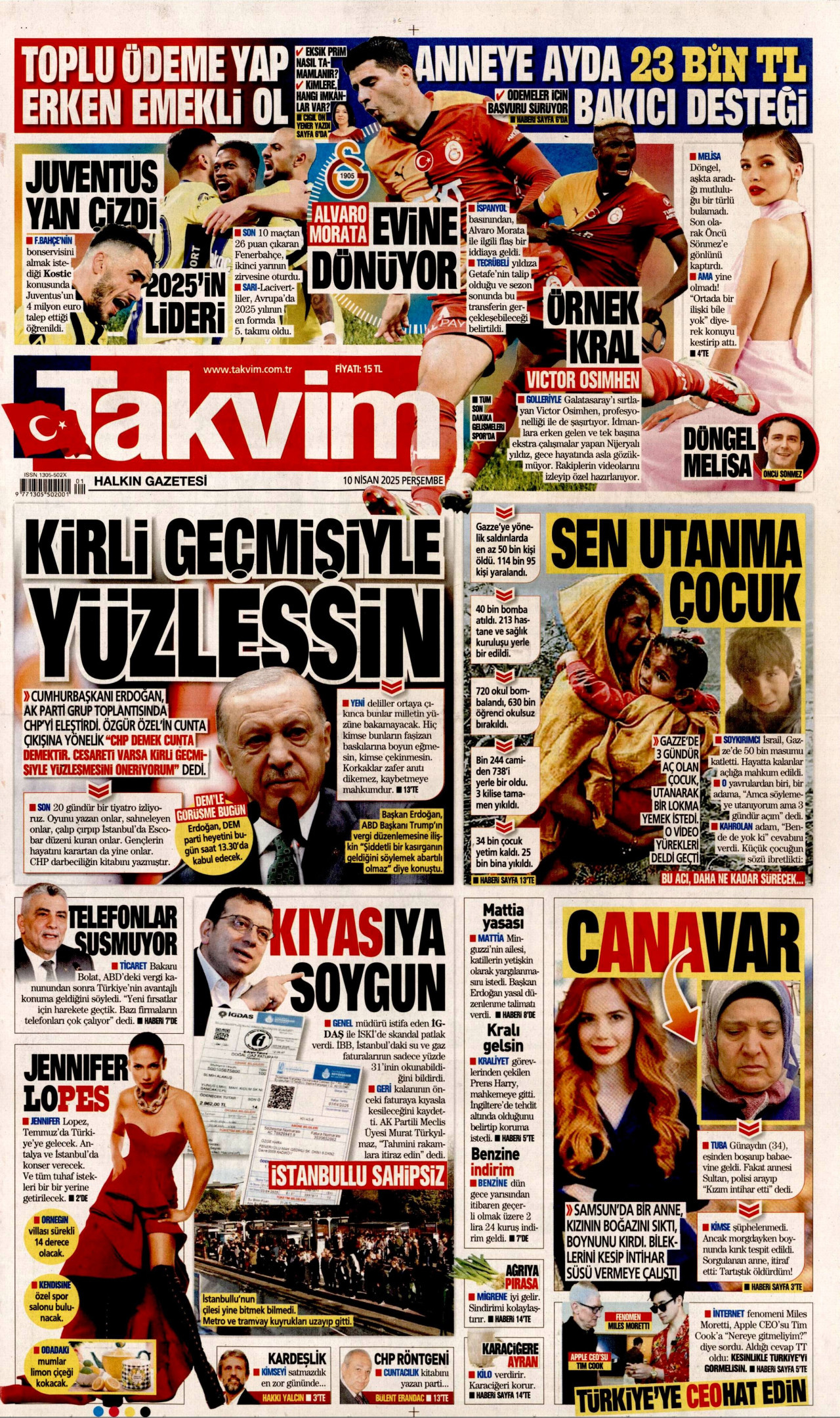 TAKVİM gazetesinin 10 Nisan 2025 tarihli birinci sayfası