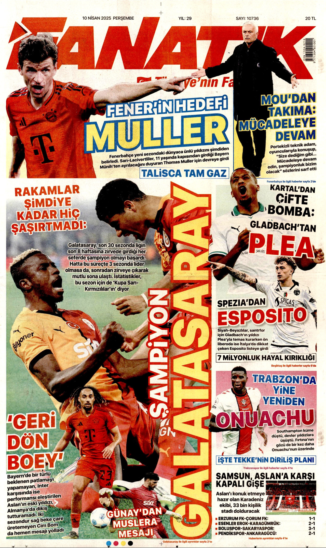 FANATİK gazetesinin 10 Nisan 2025 tarihli birinci sayfası