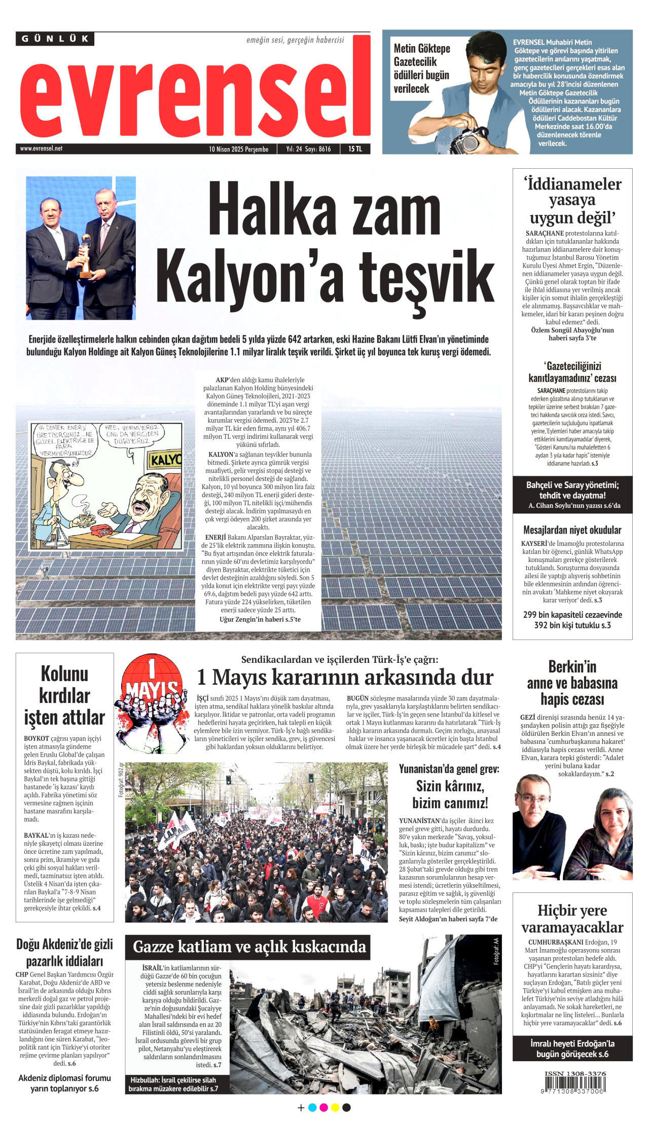 EVRENSEL gazetesinin 10 Nisan 2025 tarihli birinci sayfası