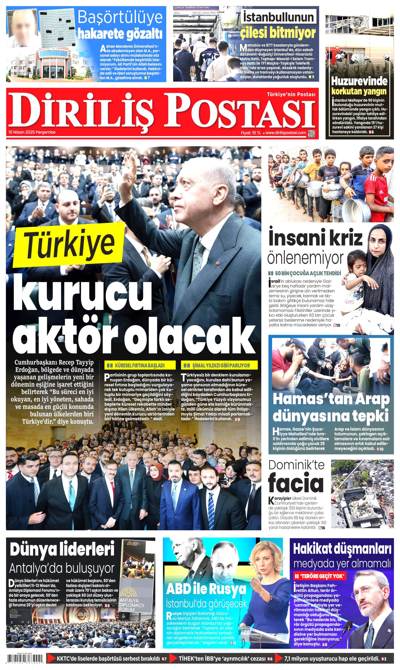 DİRİLİŞ POSTASI gazetesinin 10 Nisan 2025 tarihli birinci sayfası