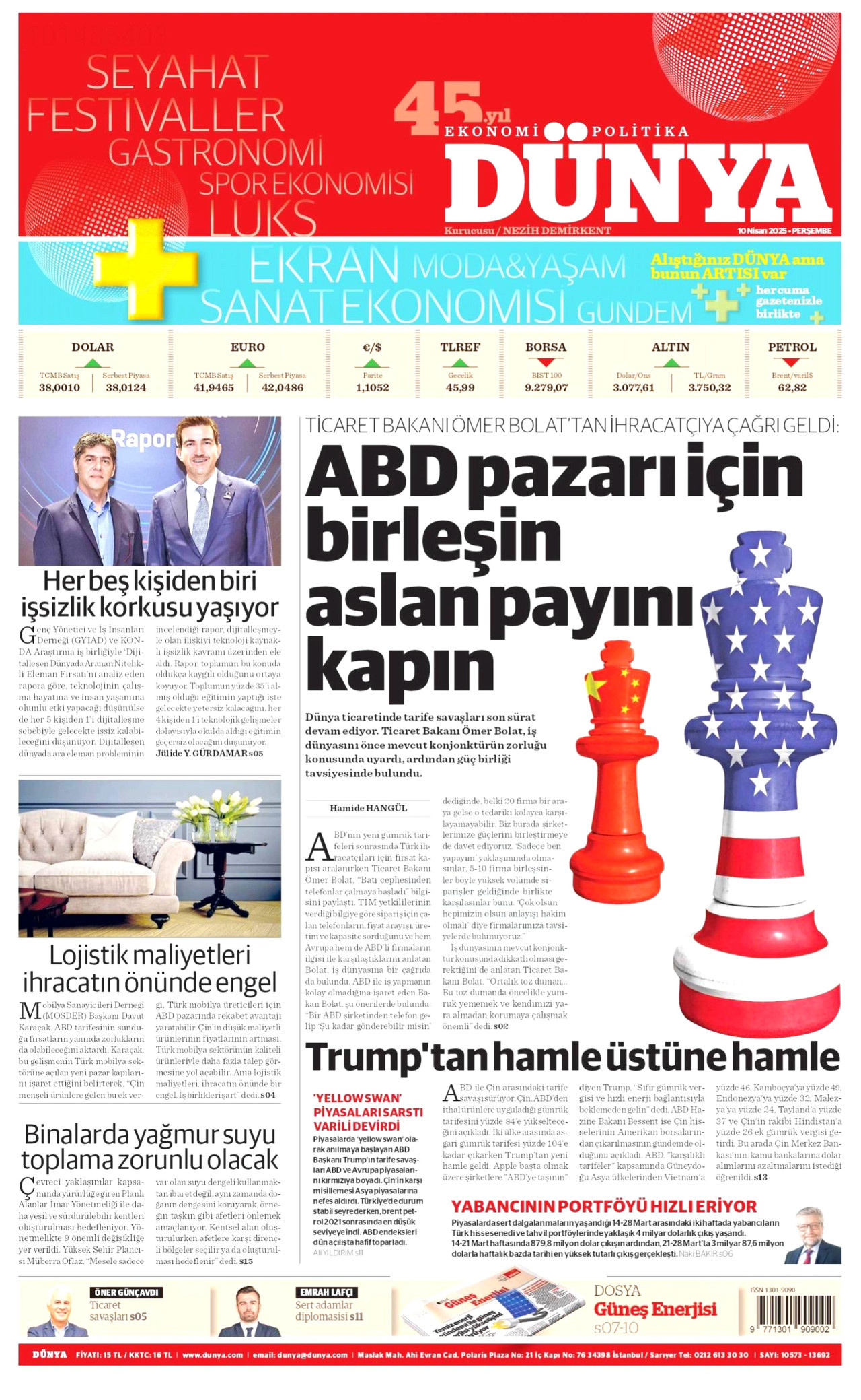 DÜNYA gazetesinin 10 Nisan 2025 tarihli birinci sayfası