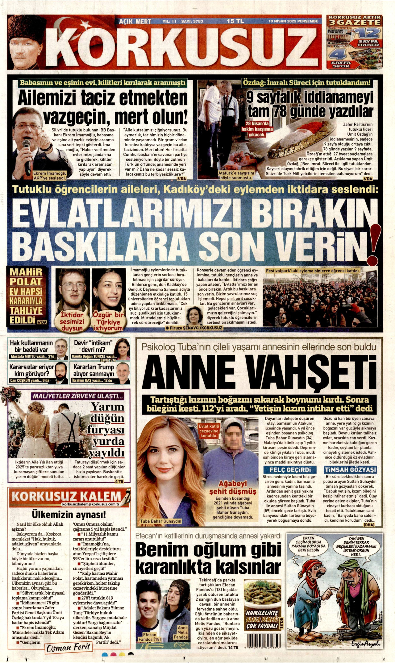 KORKUSUZ gazetesinin 10 Nisan 2025 tarihli birinci sayfası