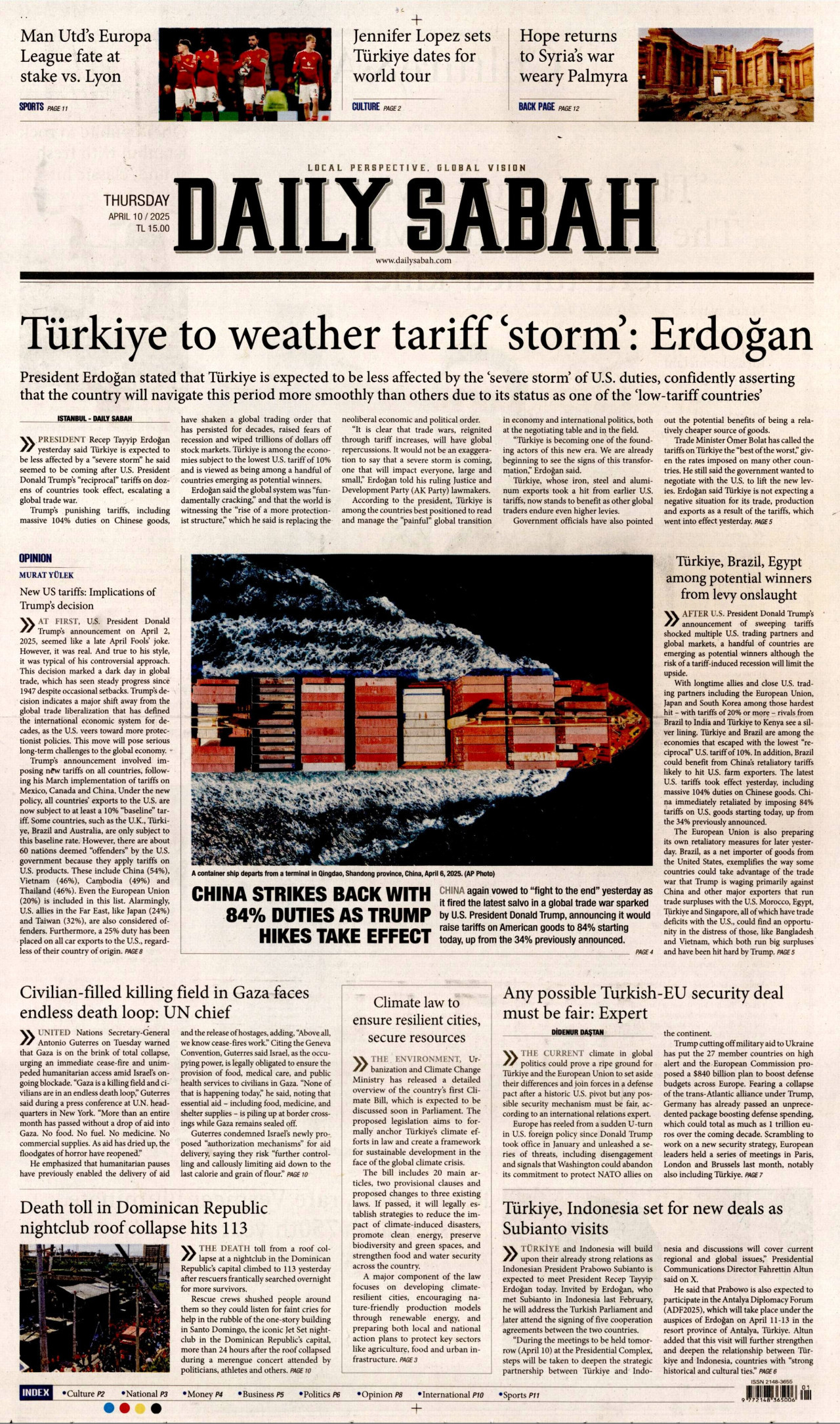 DAİLY SABAH gazetesinin 10 Nisan 2025 tarihli birinci sayfası