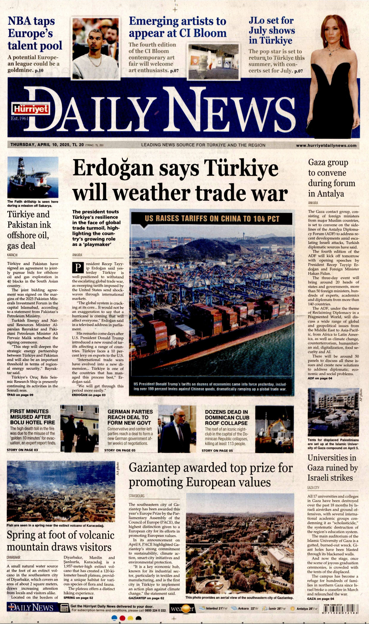 HÜRRİYET DAİLY NEWS gazetesinin 10 Nisan 2025 tarihli birinci sayfası