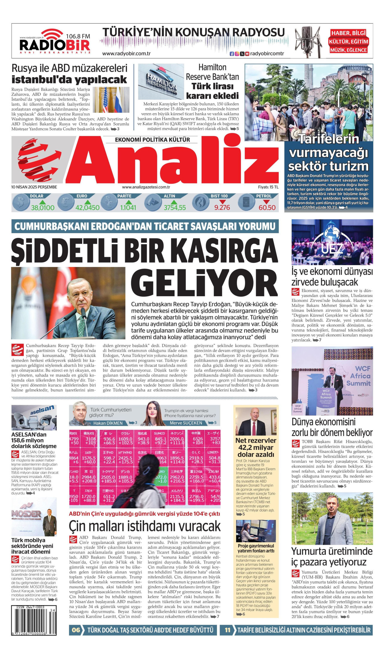 ANALİZ gazetesinin 10 Nisan 2025 tarihli birinci sayfası