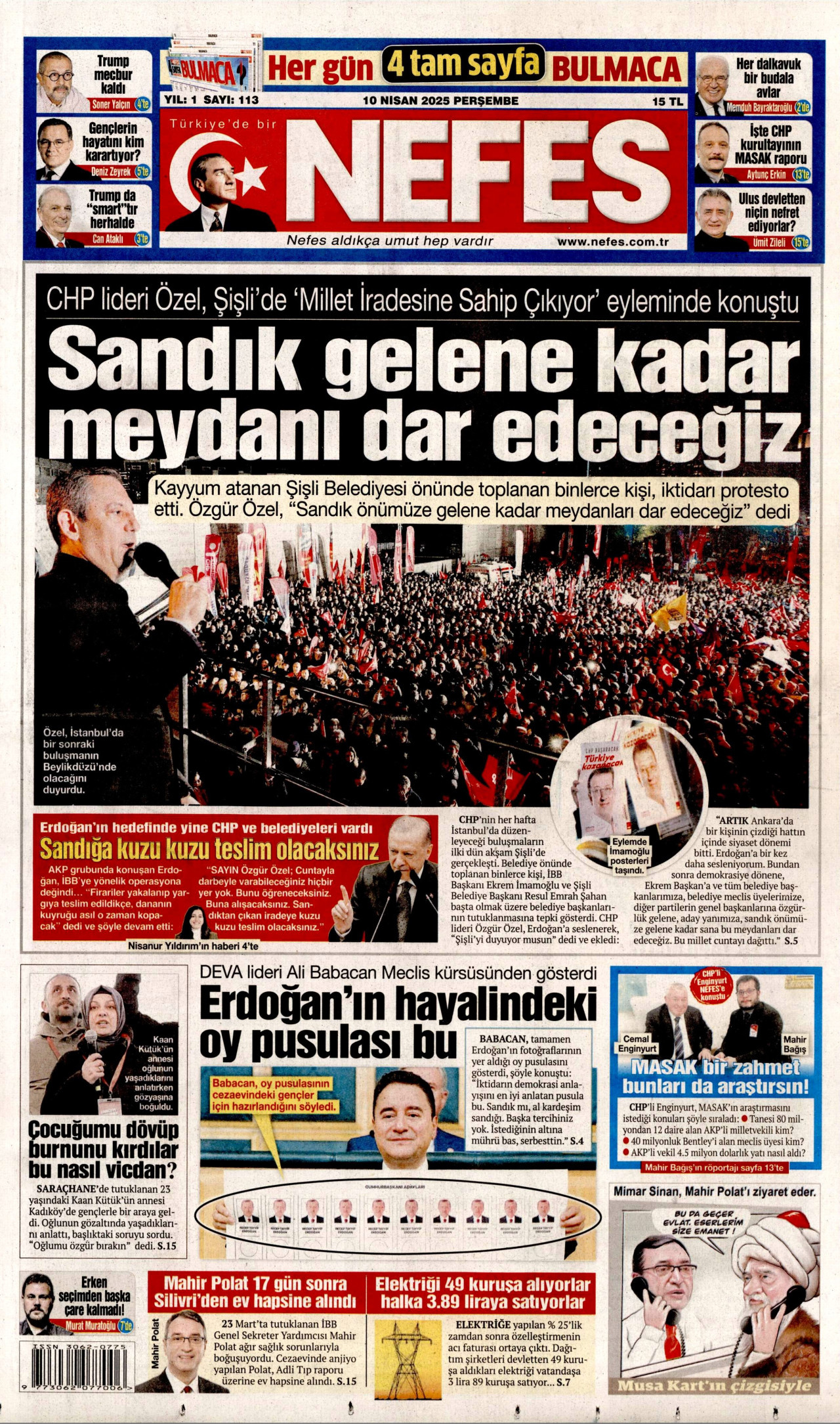NEFES gazetesinin 10 Nisan 2025 tarihli birinci sayfası