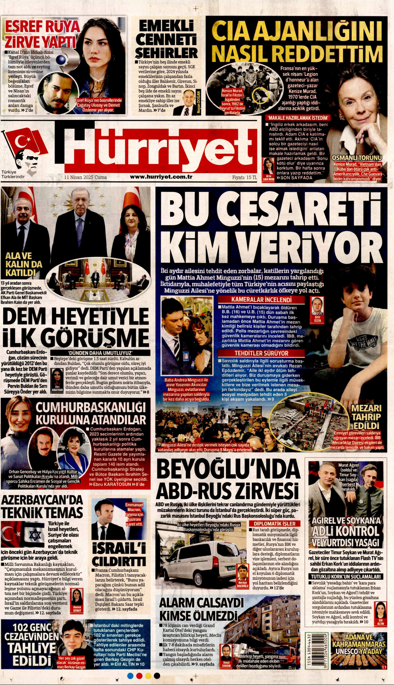 HÜRRİYET gazetesinin 11 Nisan 2025 tarihli birinci sayfası