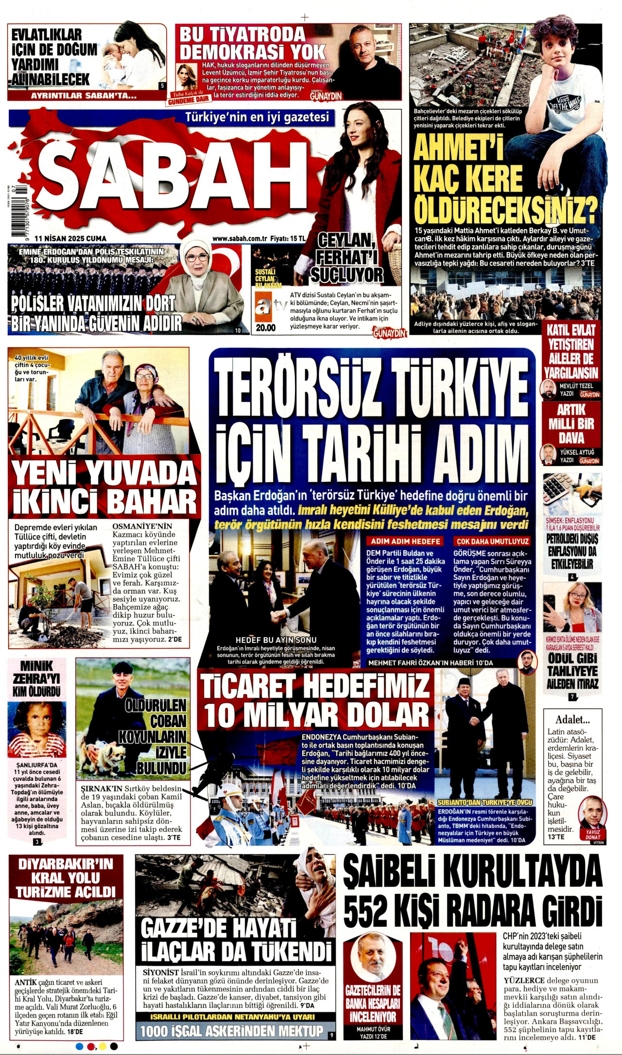 SABAH gazetesinin 11 Nisan 2025 tarihli birinci sayfası