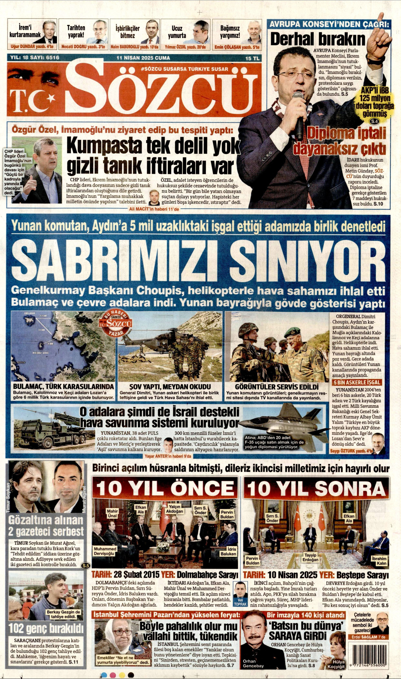 SÖZCÜ gazetesinin 11 Nisan 2025 tarihli birinci sayfası
