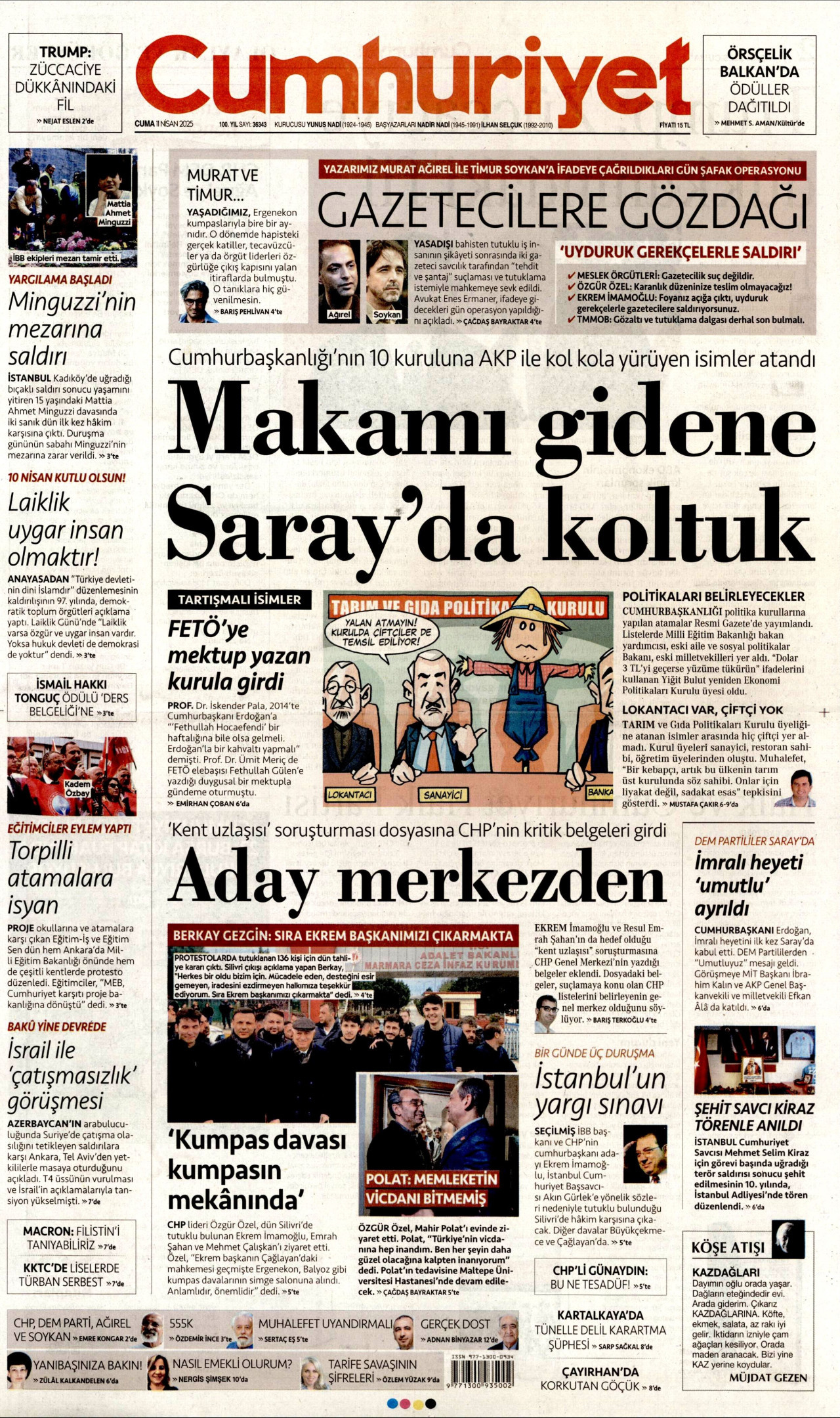 CUMHURİYET gazetesinin 11 Nisan 2025 tarihli birinci sayfası