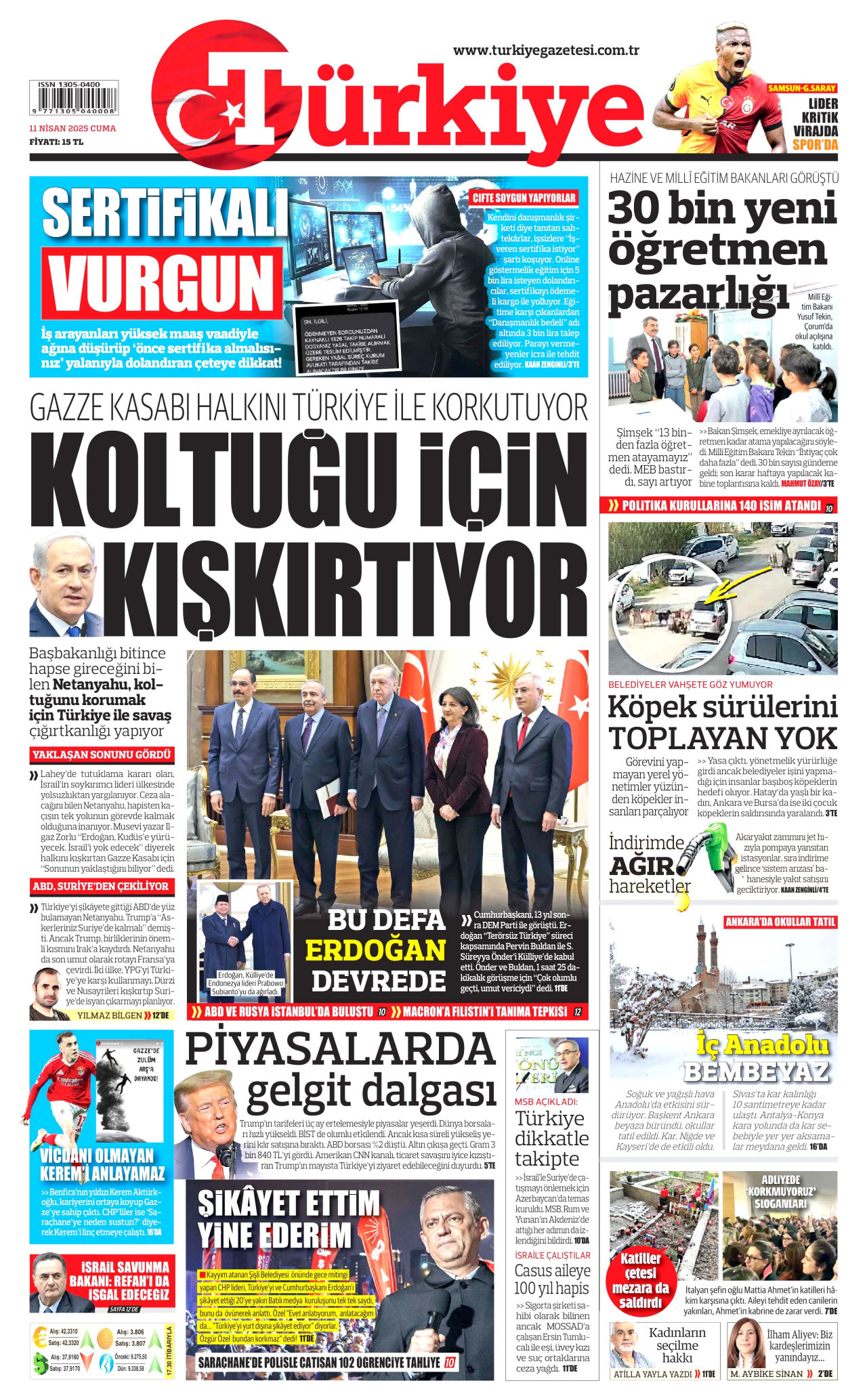 TÜRKİYE GAZETESİ gazetesinin 11 Nisan 2025 tarihli birinci sayfası