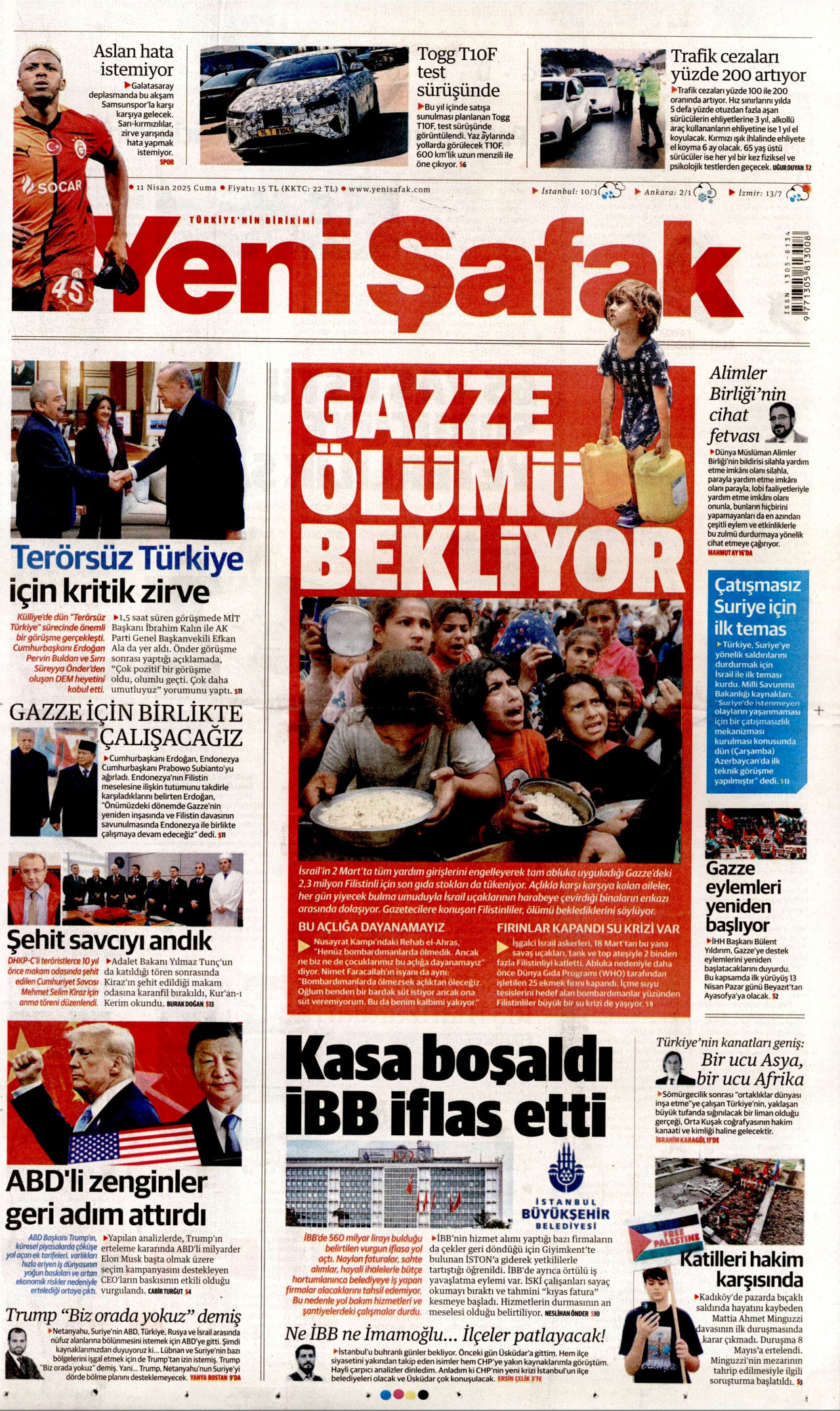 YENİ ŞAFAK gazetesinin 11 Nisan 2025 tarihli birinci sayfası