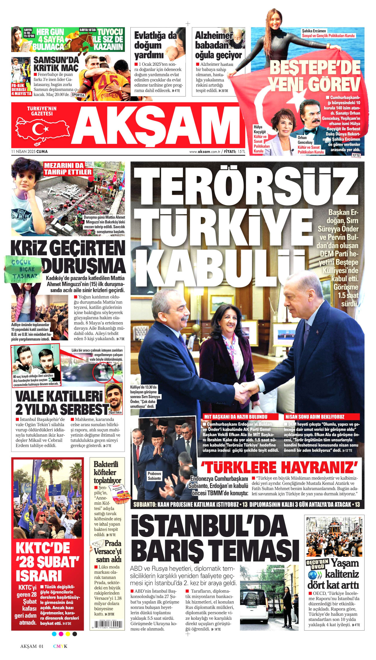 AKŞAM gazetesinin 11 Nisan 2025 tarihli birinci sayfası