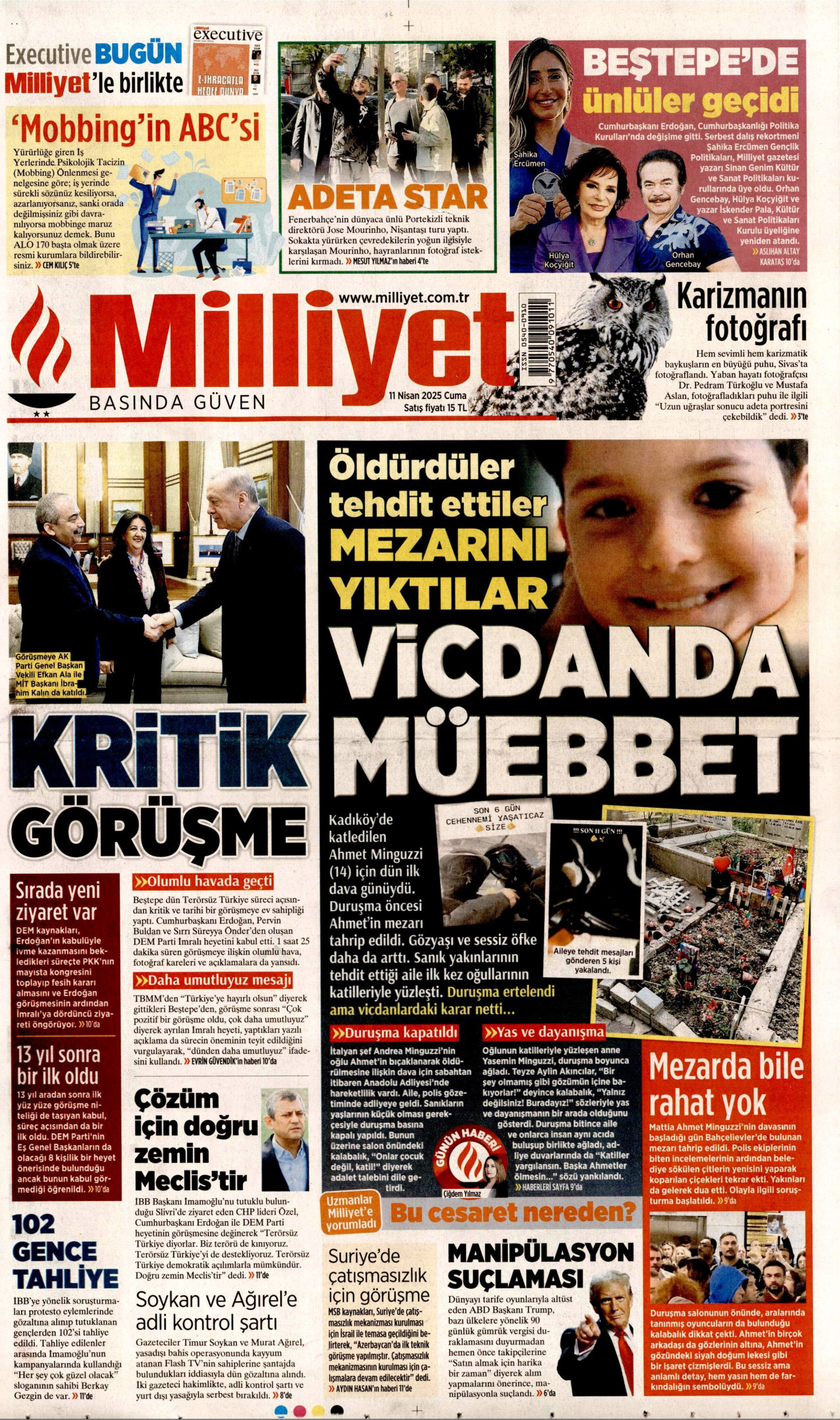MİLLİYET gazetesinin 11 Nisan 2025 tarihli birinci sayfası