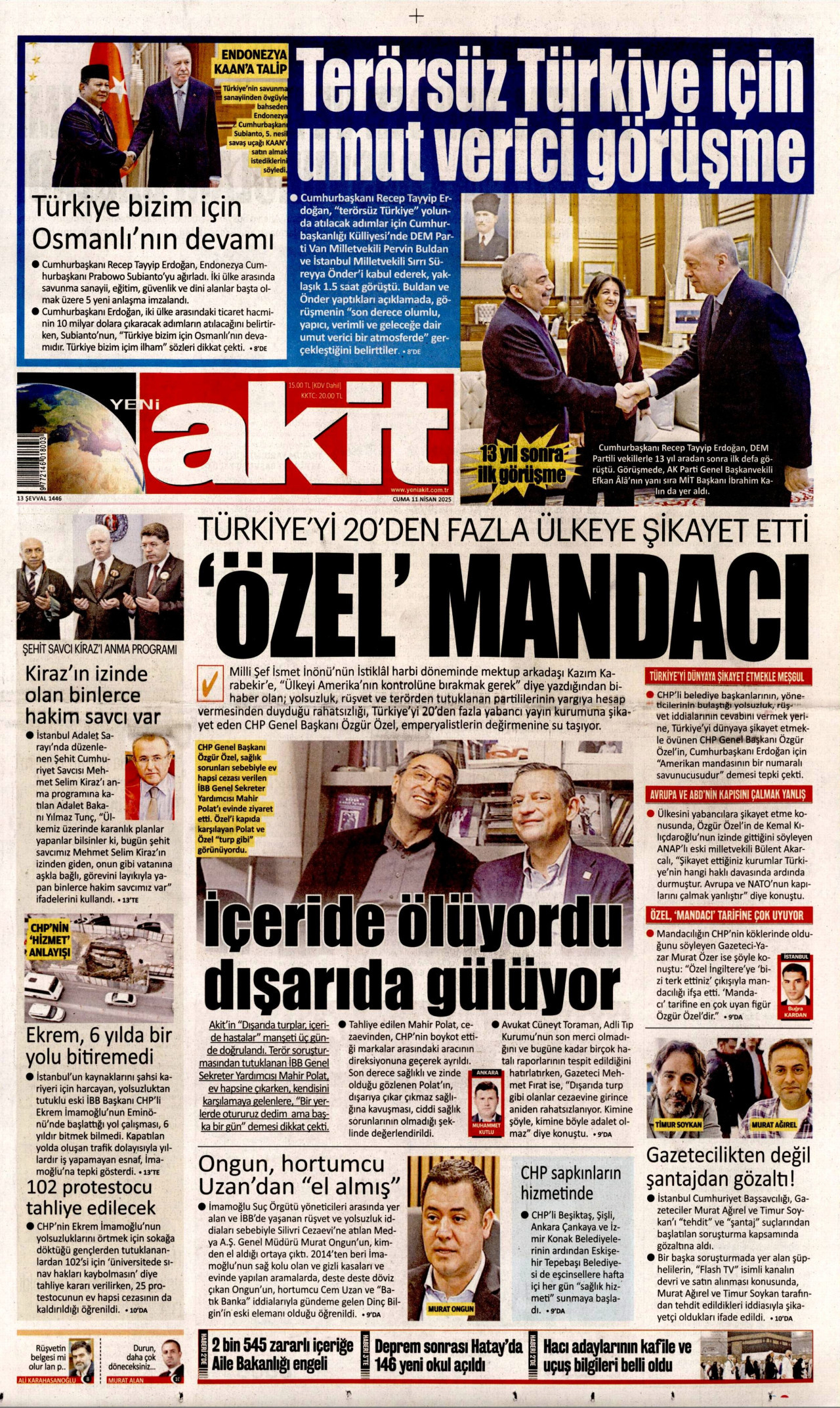 YENİ AKİT gazetesinin 11 Nisan 2025 tarihli birinci sayfası