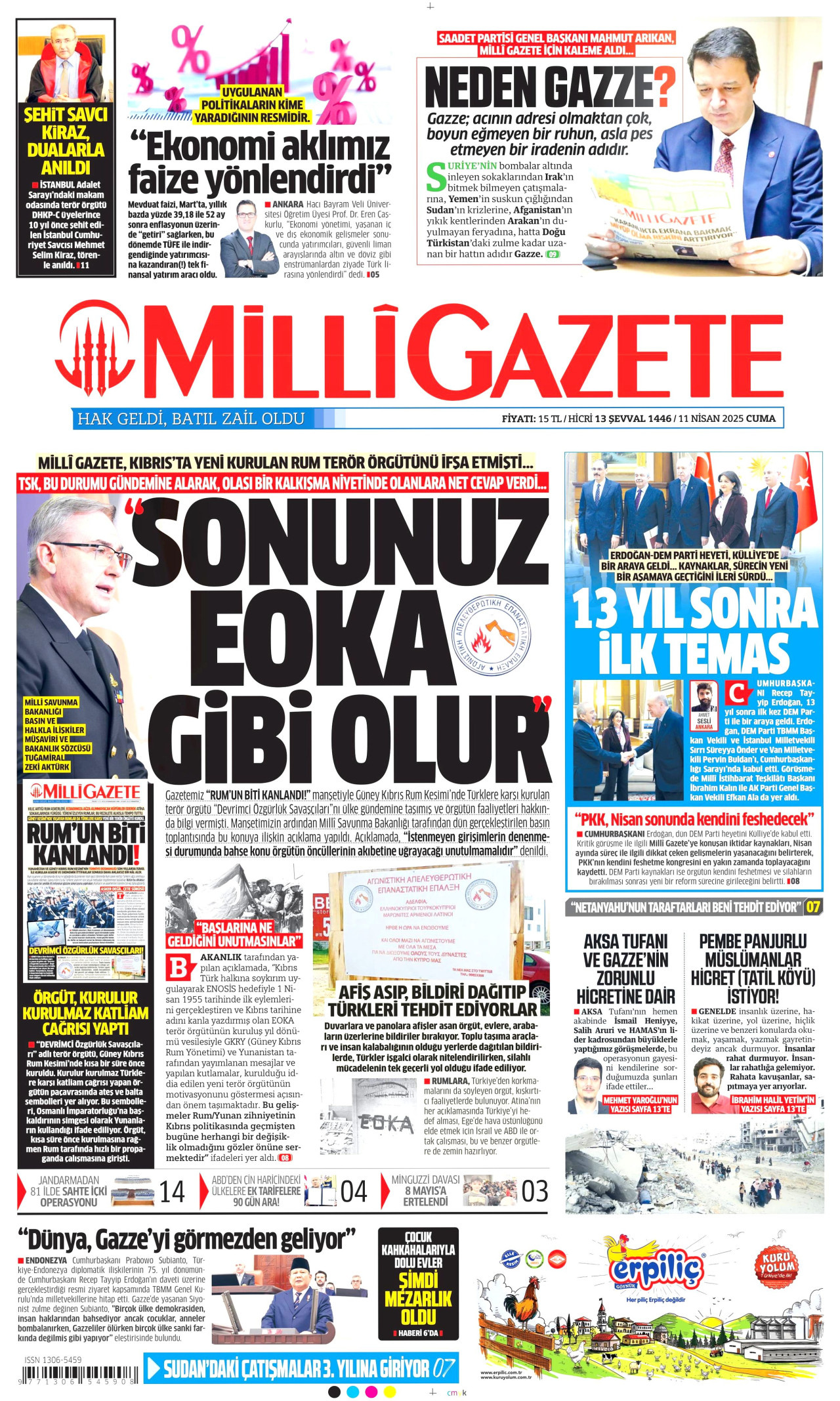 MİLLİ GAZETE gazetesinin 11 Nisan 2025 tarihli birinci sayfası