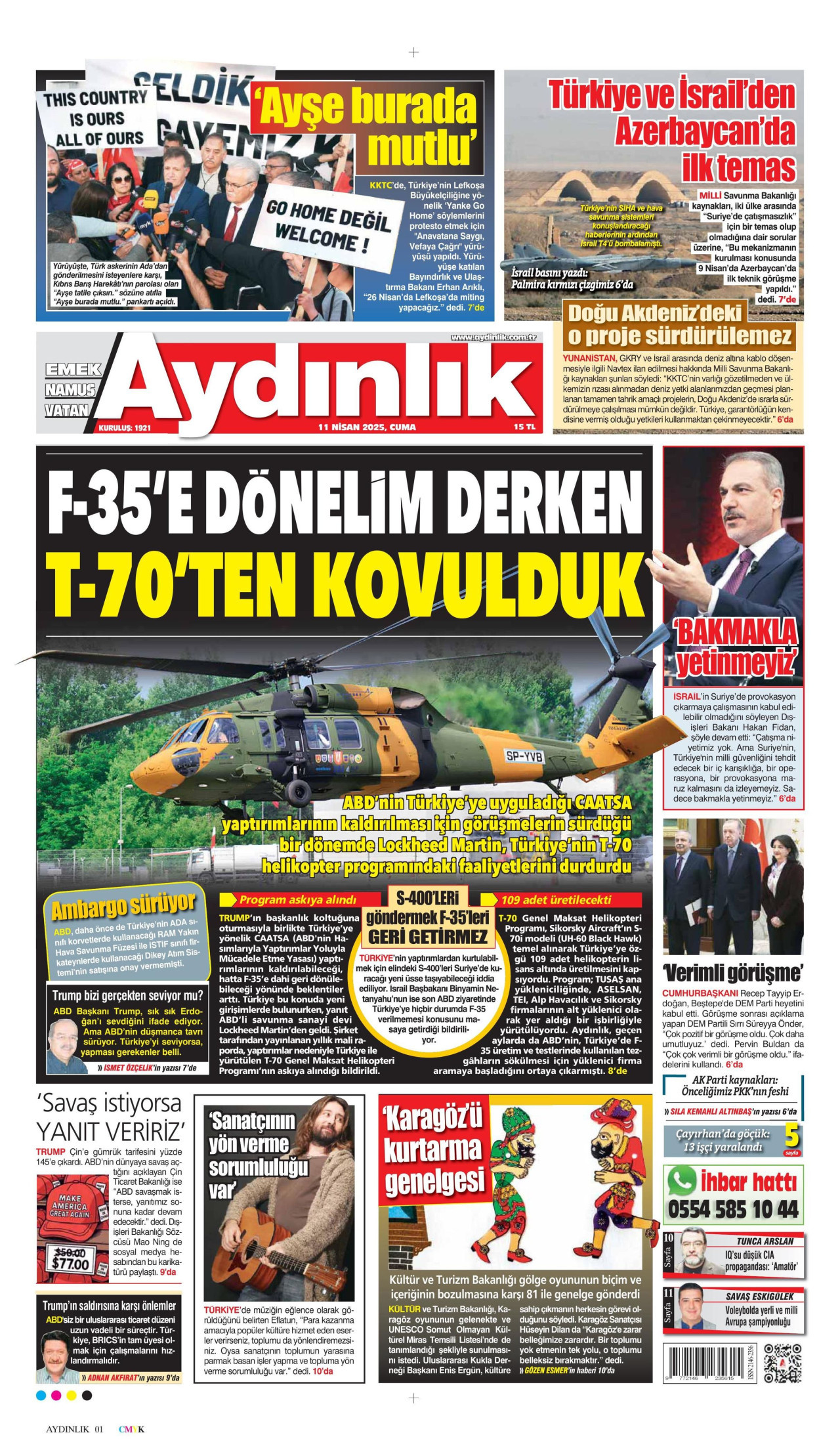 AYDINLIK GAZETESİ gazetesinin 11 Nisan 2025 tarihli birinci sayfası