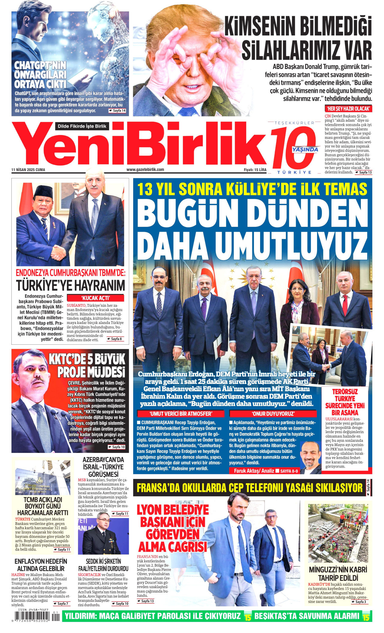 YENİBİRLİK gazetesinin 11 Nisan 2025 tarihli birinci sayfası