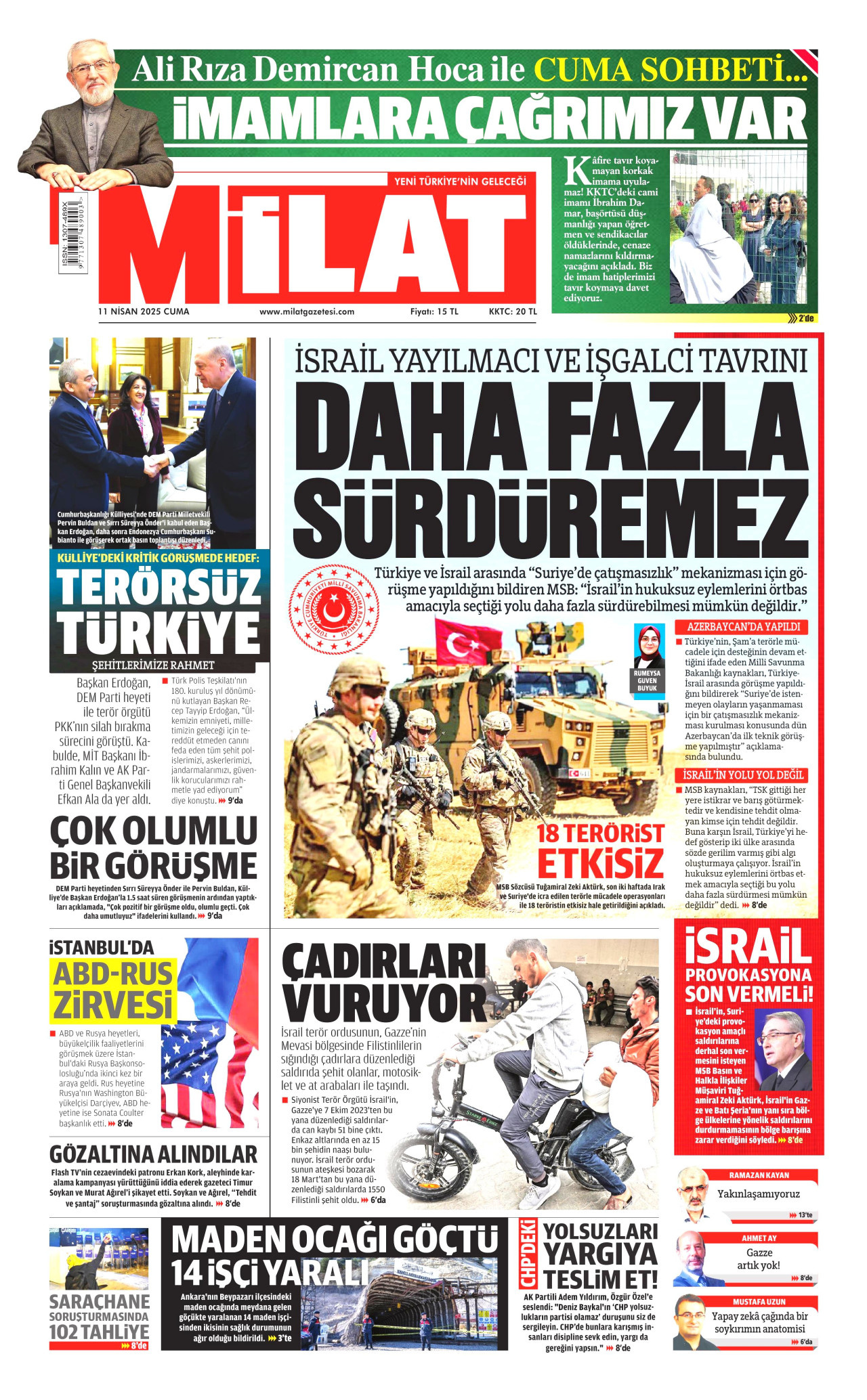MİLAT gazetesinin 11 Nisan 2025 tarihli birinci sayfası
