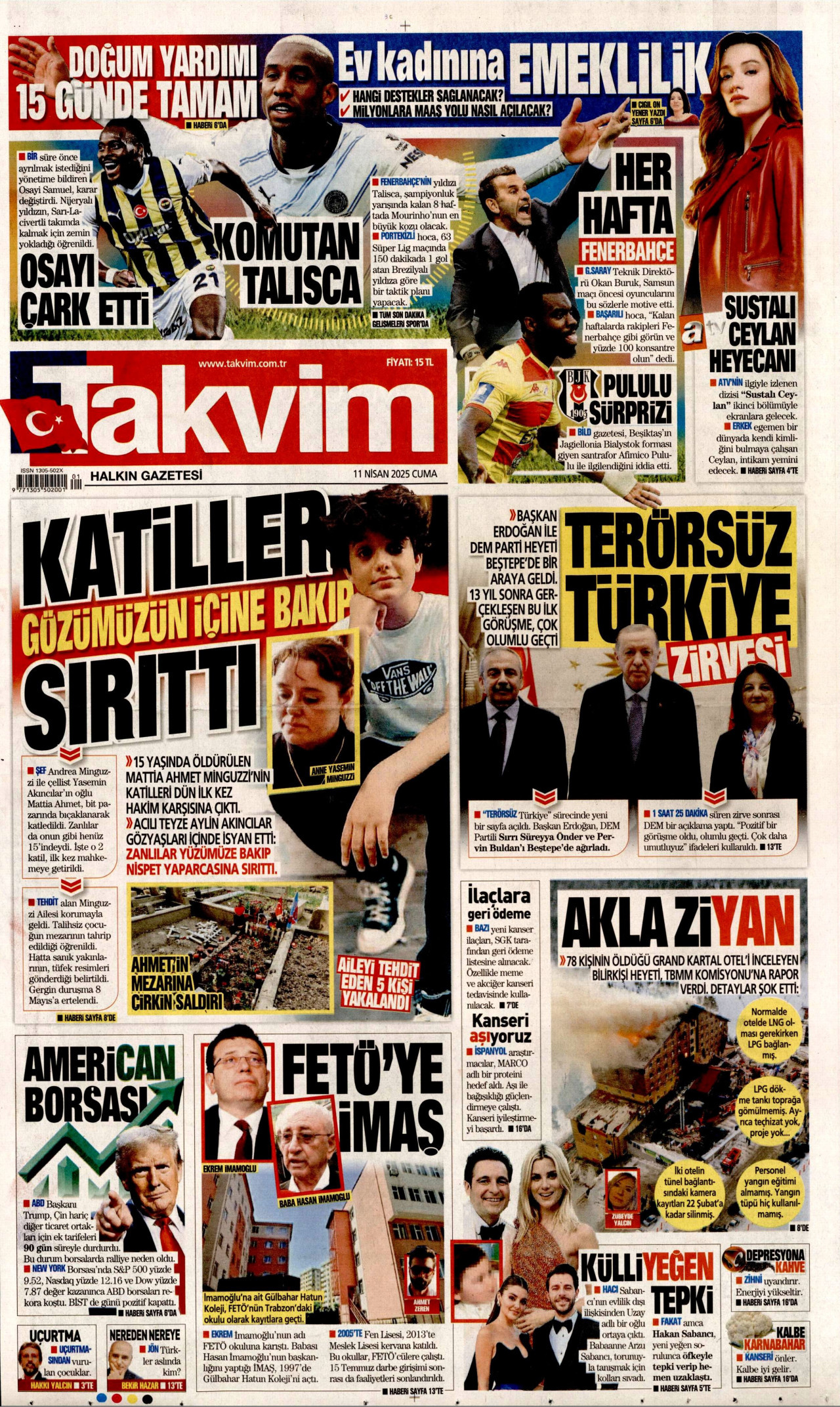 TAKVİM gazetesinin 11 Nisan 2025 tarihli birinci sayfası