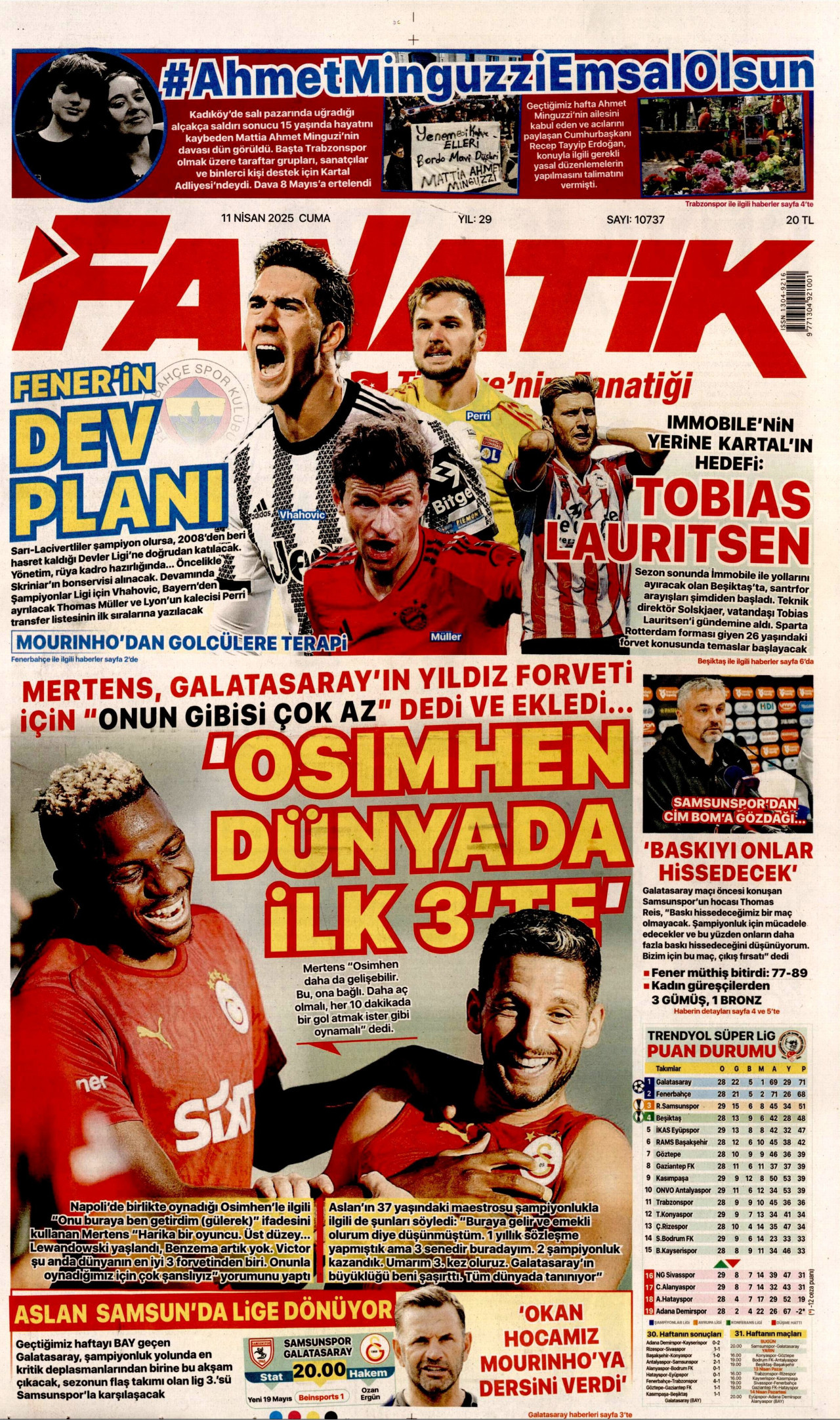 FANATİK gazetesinin 11 Nisan 2025 tarihli birinci sayfası